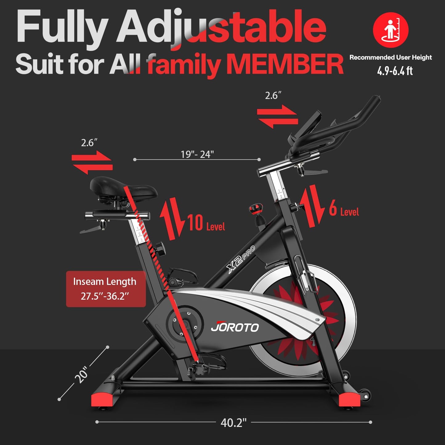 JOROTO Exercise Bike, Magnetic Stationary Bikes for Home with 40LBS Flywheel, App Supported Indoor Bike with 350LBS Weight Capacity, Low Noise,Digital Monitor,Bottle and Tablet Holder