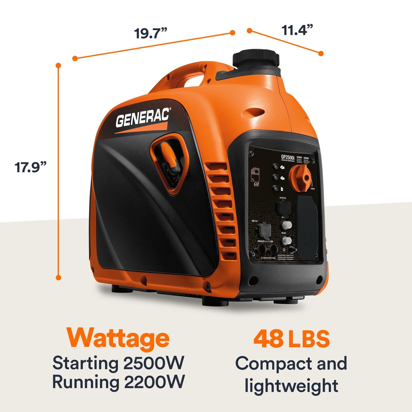 Generac 2,500-Watt Gas Powered Portable Inverter Generator - Lightweight and Compact Design - Produces Clean, Stable Power - Quiet Operation - Great for Home Backup, Camping, and RV Use