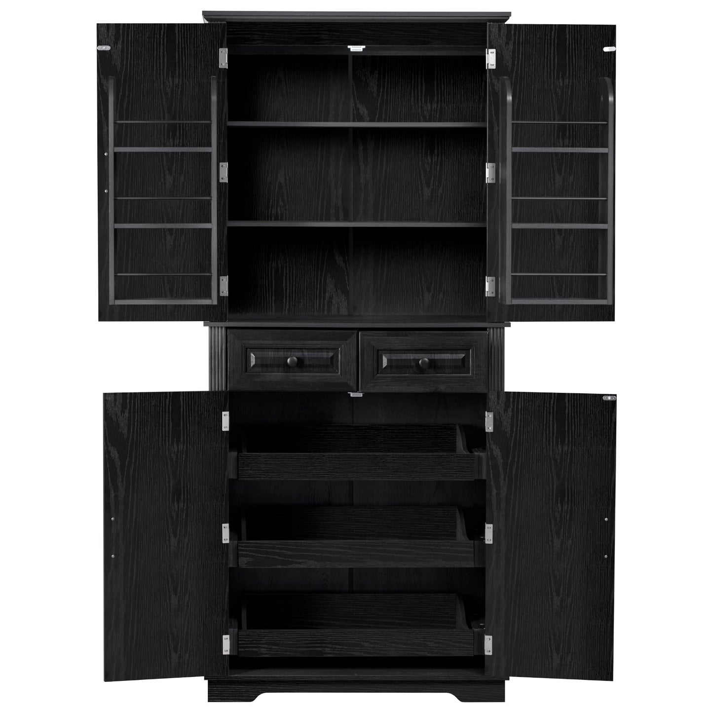 Ball & Cast 71" Farmhouse Kitchen Pantry Cabinet with 3 Pull-Out Organizers, Tall Storage Cabinet with 4 Doors, 2 Drawers, 6 Door Shelves & Adjustable Shelves, Freestanding Cupboard, Black