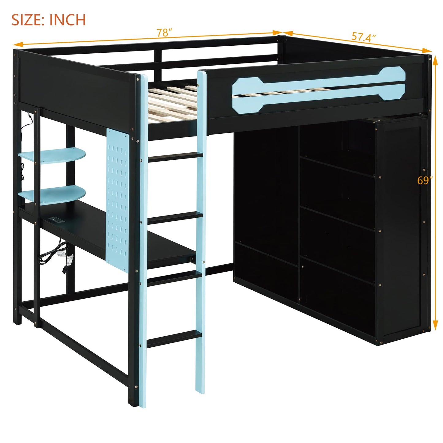 Merax Full Size Loft Bed with Desk and Open Wardrobe, Wooden Gaming Loft Bed Frmae with Light and Charging Station, Space-Saving Bed with Safety Guardrail, No Box Spring Needed, Blue