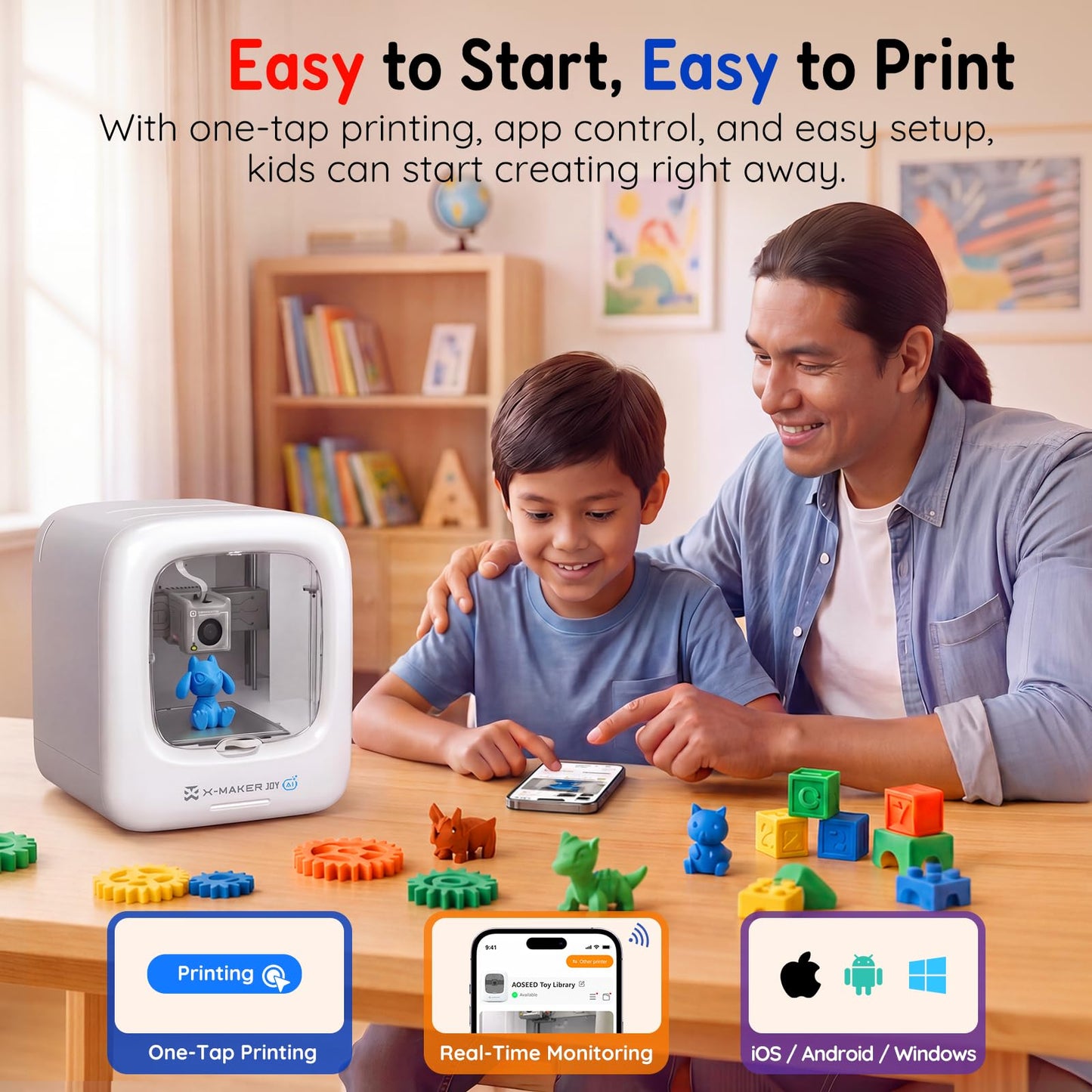 AOSEED 3D Printer for Kids, Fully Assembled AI 3D Printer with 8,000+ Models & 17+ Modules, 400mm/s High Speed, Leveling Free, STEM Toy Gift with 1 PLA Filament for Home & School, X-Maker Joy AI+