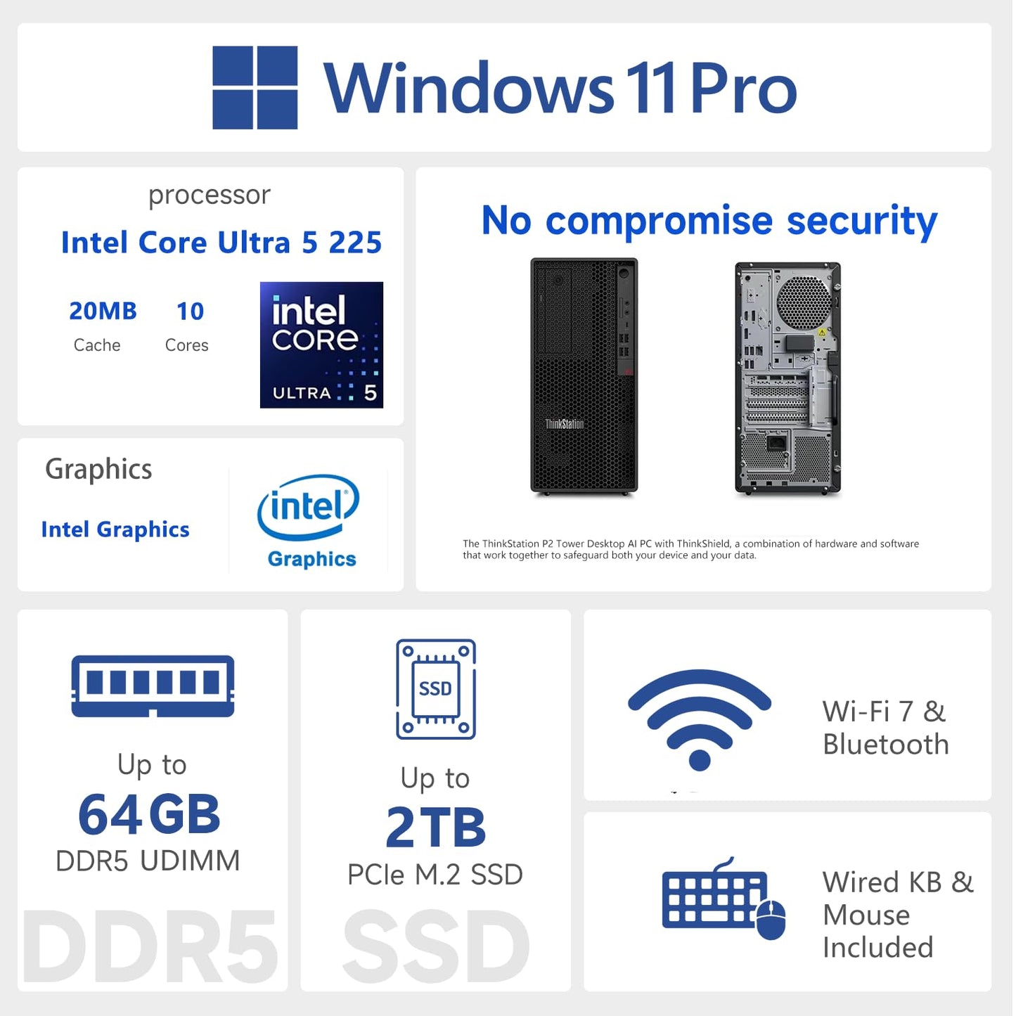 Lenovo ThinkStation P2 Tower Desktop AI PC, Intel Core Ultra 5 225, 32GB DDR5, 1TB SSD, Wi-Fi 7, Support 3-Display 4K, HDMI, DP, Optical Disc Drive, Windows 11 Pro, Business Workstation, w/Bundle