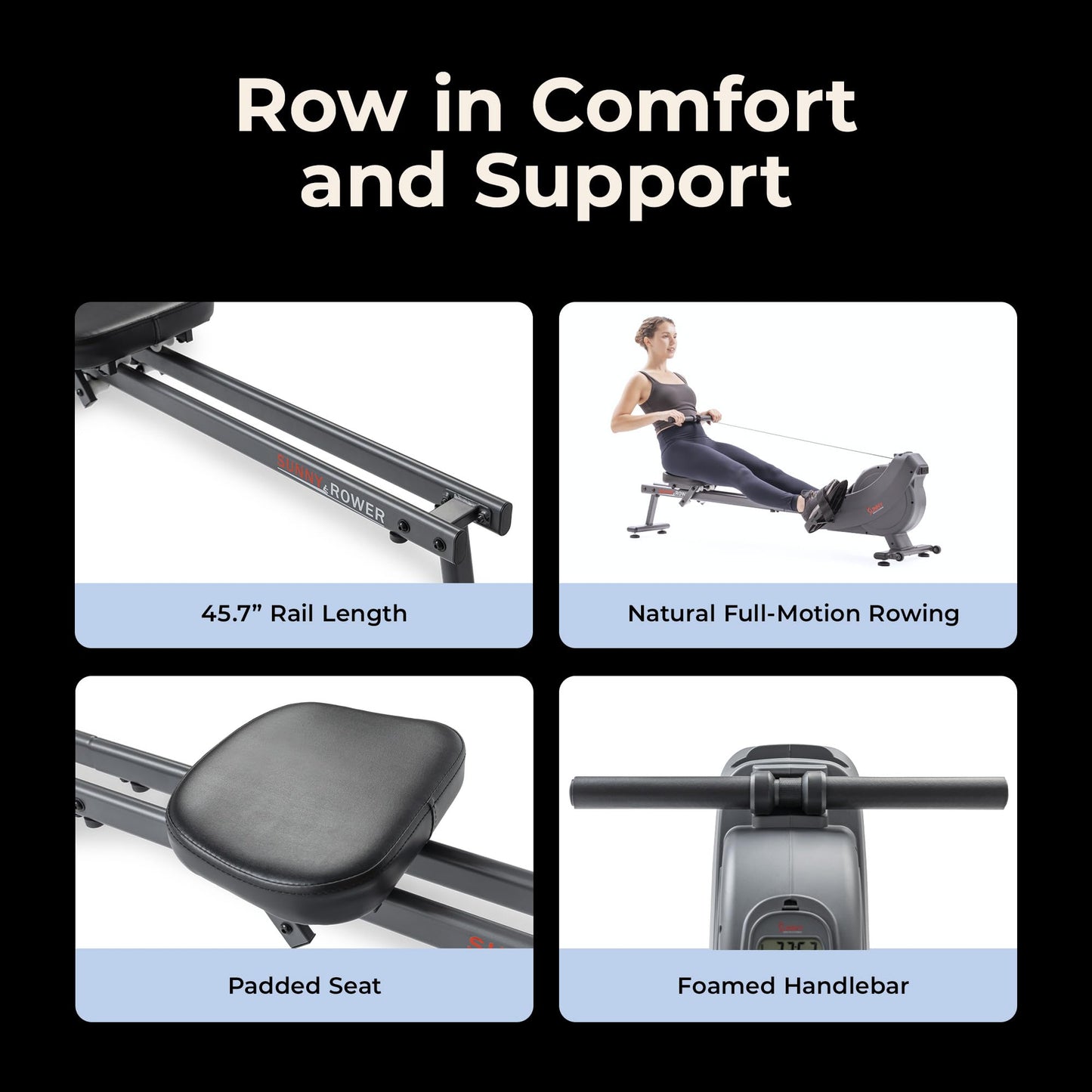 Sunny Health & Fitness Smart Dual Rail Magnetic Rower, 16-Level Quiet Resistance for Home Workouts, Full Body Low-Impact Cardio Rowing Machine, Free SunnyFit App Connect, 300 LB Capacity - SF-RW524079