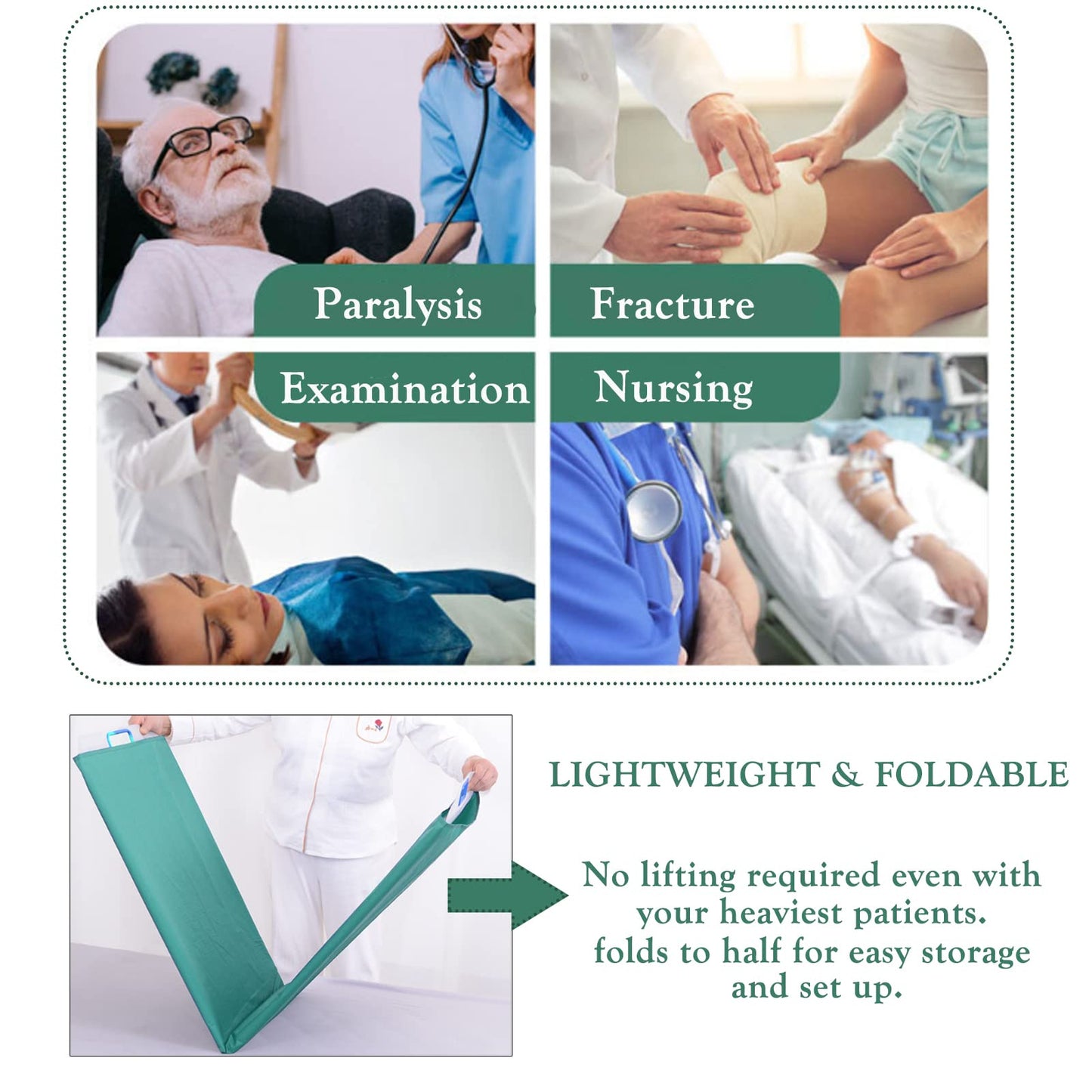 Rolling Patient Transfer Board, Easy Go Roller Patient Transporter Slide Sheet Assist Device for Transferring Patient from Bed to Bed or Operationg Table, Foldable, 67" 19.7" (Green)