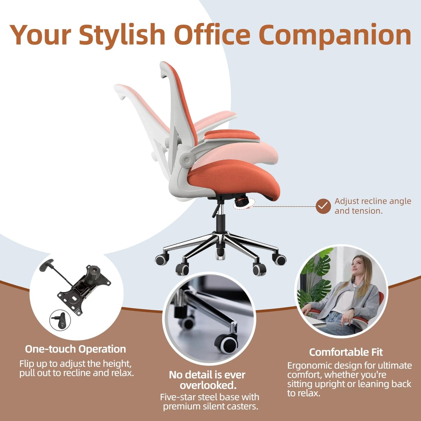 VOTRENIX Orange Ergonomic Office Desk Chair, Soft Fabric Thickened Curved seat Cushion with Adjustable Lumbar Support, Perfect Blend of Comfort and Good Looks, Ideal Chair for Home or Office, Orange