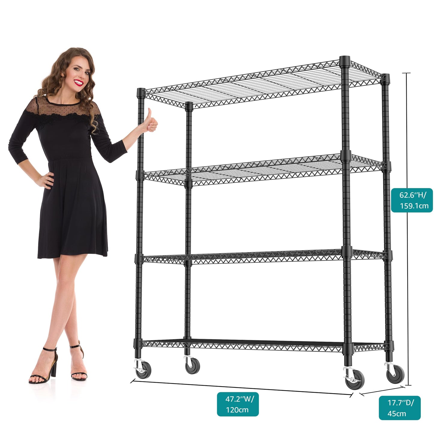 M MZG 1400LBS 47.2" W 4 Tiers Storage Shelves Metal Shelving Unit with Wheels Heavy Duty Garage Shelving Adjustable Wire Shelves for Pantry,Kitchen,Garage,Basement,Black 17.7" D x 47.2" W x 62.7" H