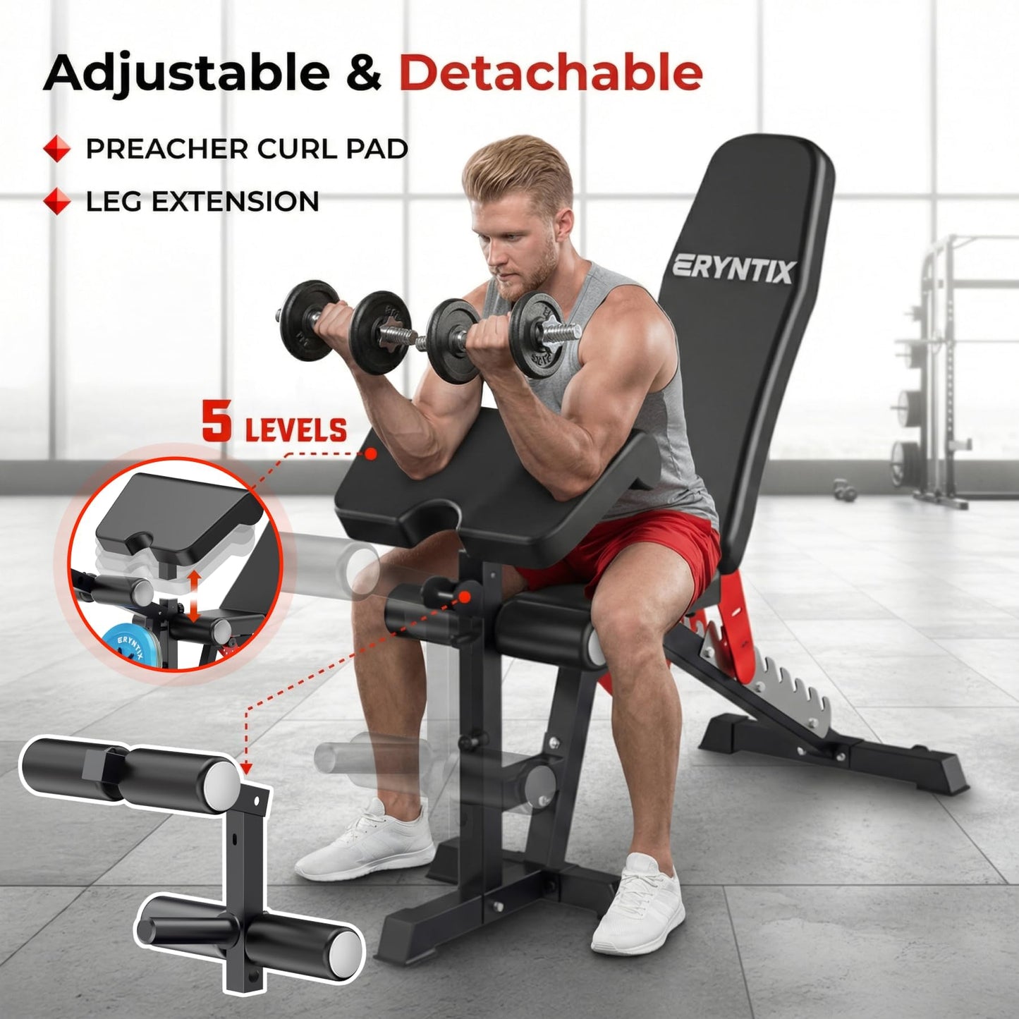 Eryntix Adjustable Leg Extension and Curl Machine, Foldable Pro Heavy-Duty Weight Bench, 1600LBS Workout Bench, 21-Position Multifunctional Weight Benchs, Iscc Plus Certified for Home Gym