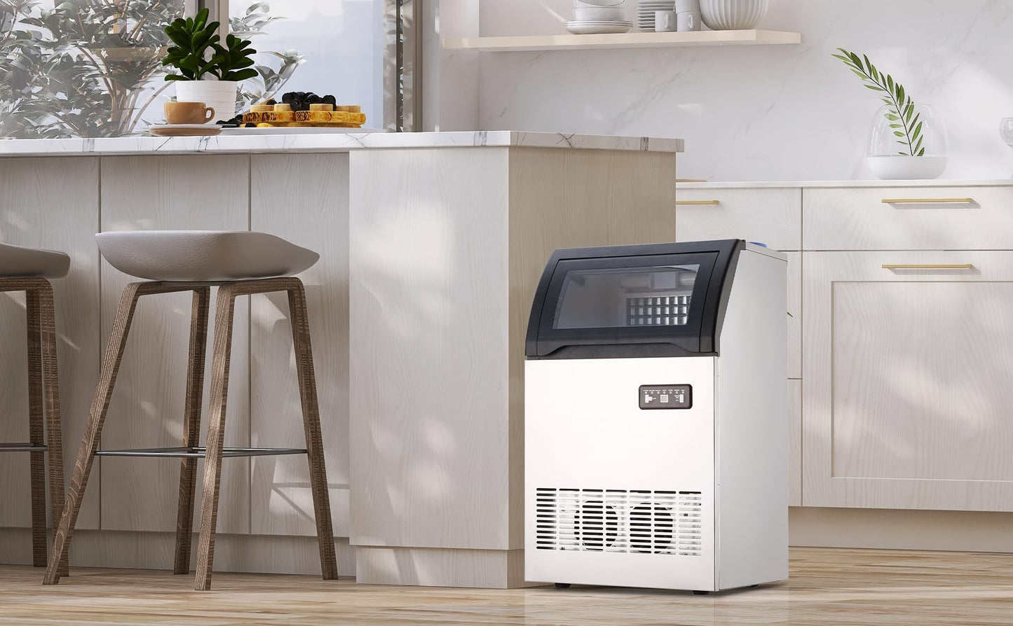 Commercial Ice Maker Machine with 120lbs/24H Production, 33lbs Ice Storage, Freestanding Stainless Steel Under Counter Design, Automatic Cleaning Function, for Home, Bar, Cafe, Restaurant