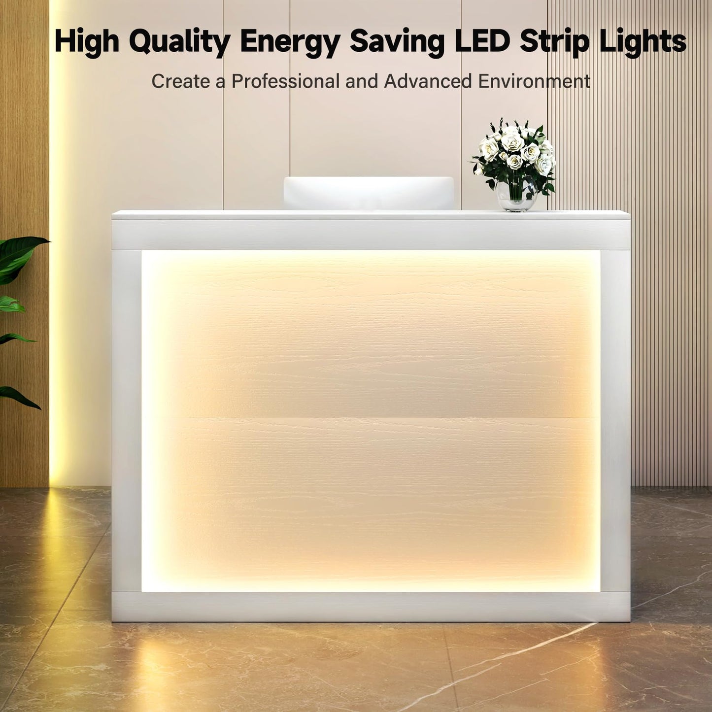 TC-HOMENY Reception Desk with LED Lights, 55'' Retail Counter Modern with Storage Shelves and Cable Grommet, Front Table, Salon Desk, Office Table,White