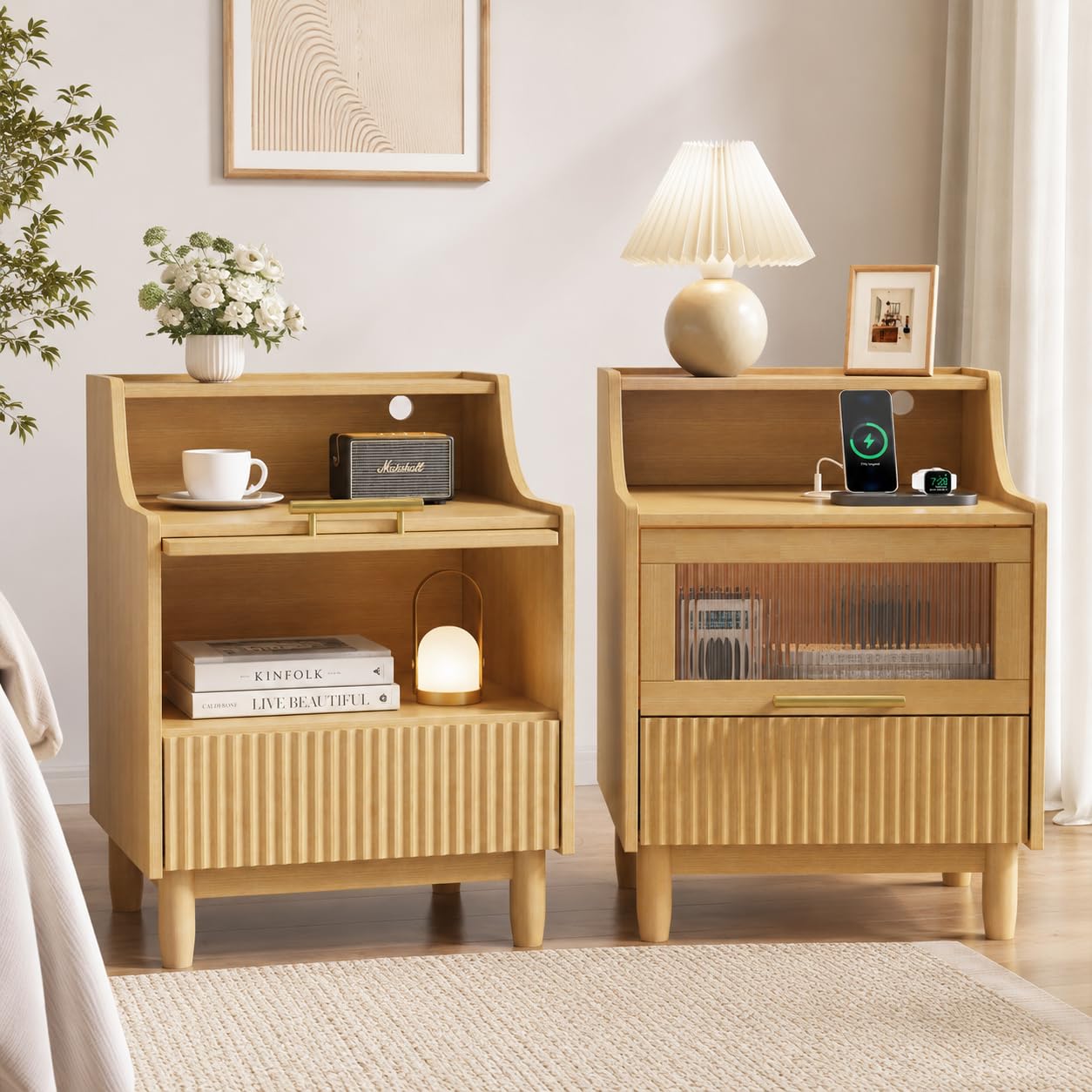 Einhomn Nightstand Set of 2 with Charging Station & LED Light, Fluted Beside Table with Drawer & Transparent Storage, Side Table for Living Room, Narrow Bedside Table for Bedroom Small Space, Natural