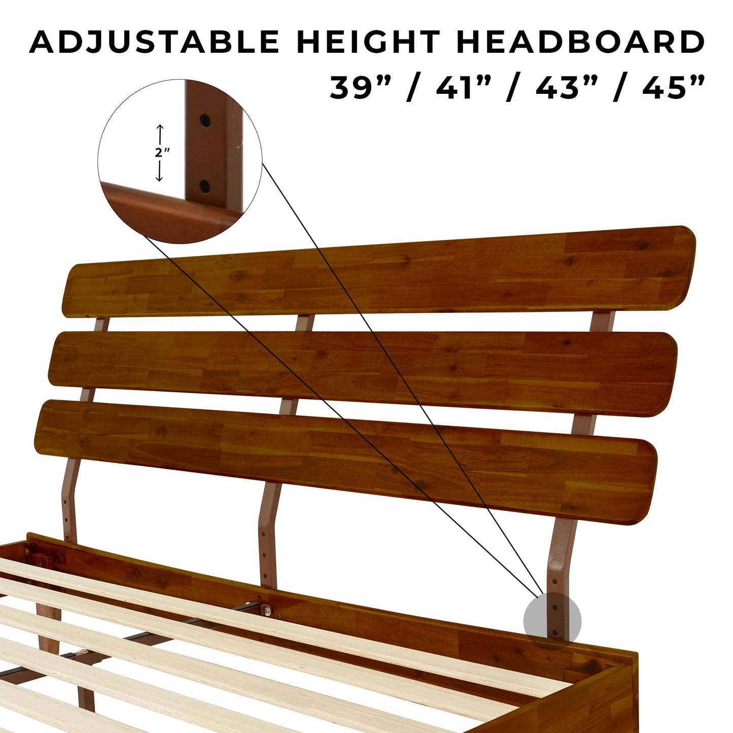 Bme Caden 15 Inch Deluxe Bed Frame with Adjustable Headboard - Mid Century, Retro Style with Acacia Wood - No Box Spring Needed - 12 Strong Wood Slat Support - Easy Assembly - Dark Chocolate, King