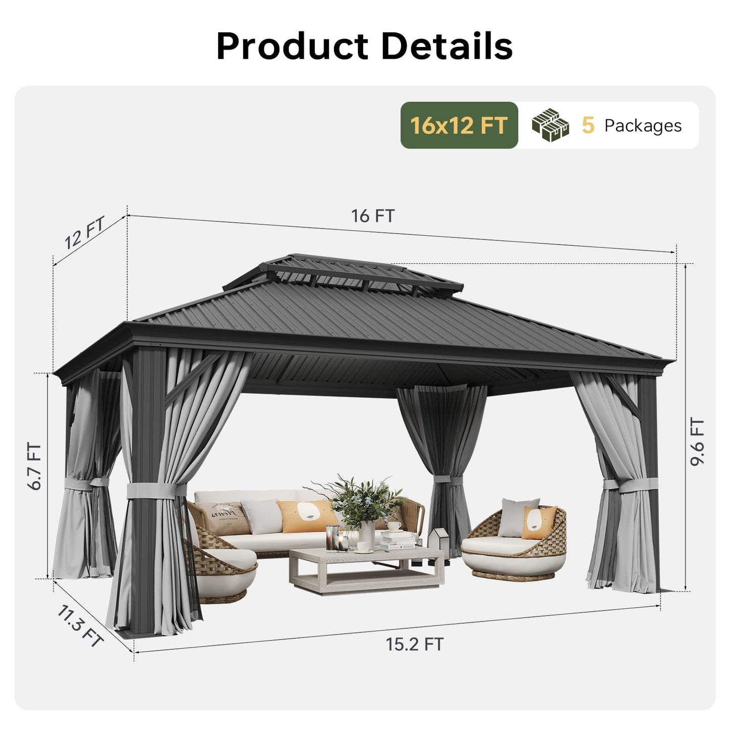 LET'S PATIO 12' x 16' Hardtop Gazebo, Outdoor Aluminum Gazebo with Galvanized Steel Double Roof and Drainage System, Permanent Metal Pavilion with Curtains and Netting for Patio, Deck and Lawn, Gray