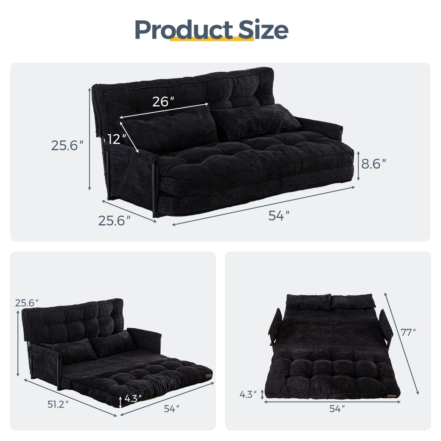 MAXYOYO Adjustable Floor Sofa Couch with 2 Pillows, Multi-Functional Bean Bag Bed, 5-Position Foldable Lazy Sofa Bed with Armrest, Versatile Floor Seating for Reading, Black, Double