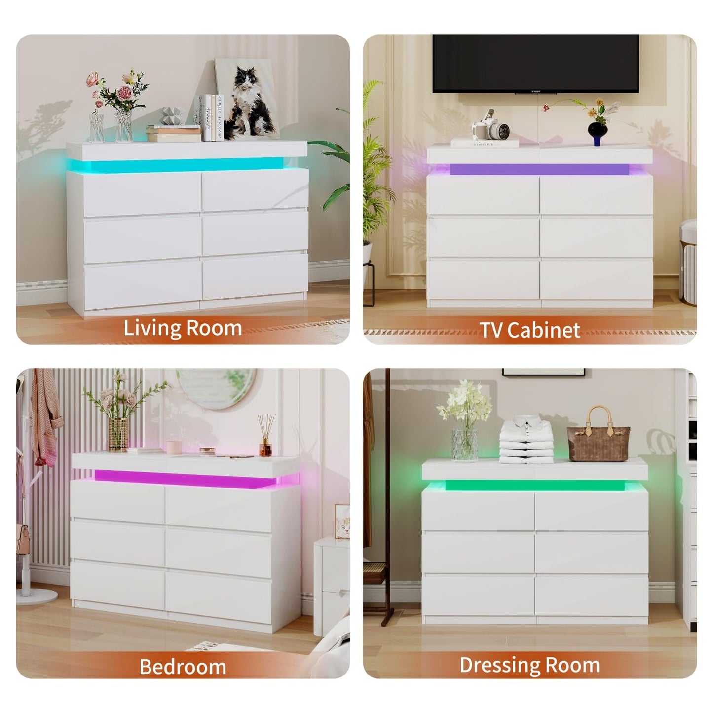 Vipbear White Dresser 6 Drawer for Bedroom with Sliding Top Modern LED Lights Double Dresser Wide Chest of Deep Drawers with Charging Station Storage Wood Cabinet for Closet,Entryway,Hallway