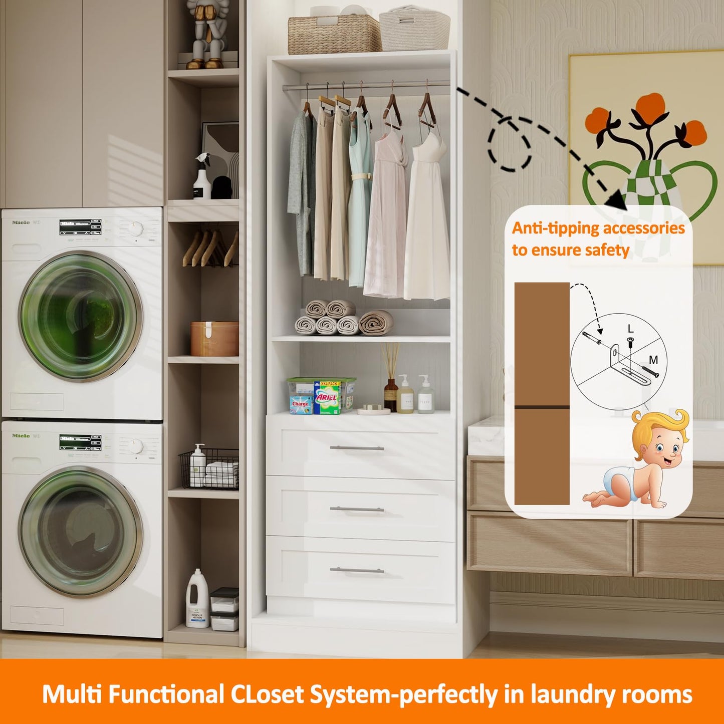 secilix Modular Closet System with 12 Drawers, 8FT Engineered Wood Closet Organizer System for Walk-in Closet, Storage Unit with 8 Extendable Hanging Rods, White (Set of 4)