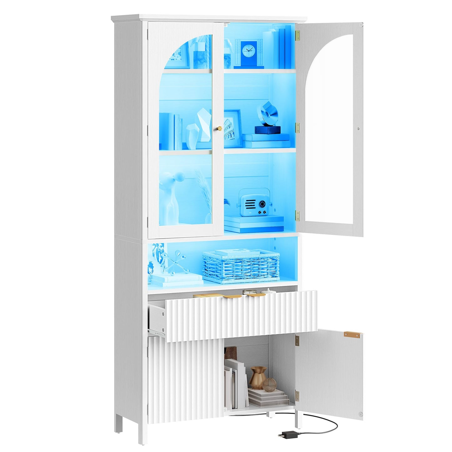 YITAHOME 72" Tall Fluted Bookshelf with LED Lights, White Bookcase with Drawers, Arched Glass Doors, 6-Tier Bookcase for Living Room, Office and Study