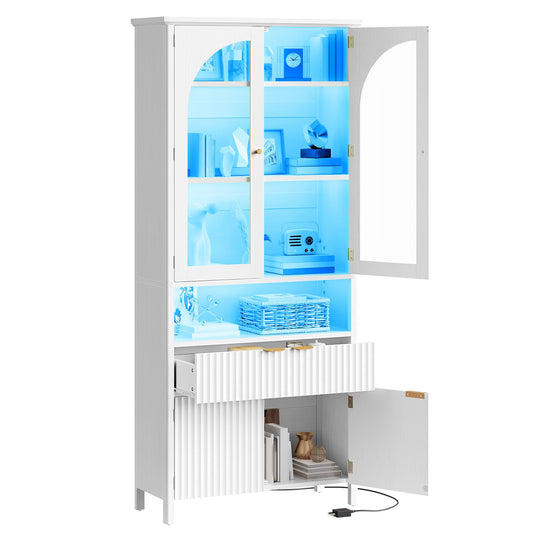 YITAHOME 72" Tall Fluted Bookshelf with LED Lights, White Bookcase with Drawers, Arched Glass Doors, 6-Tier Bookcase for Living Room, Office and Study