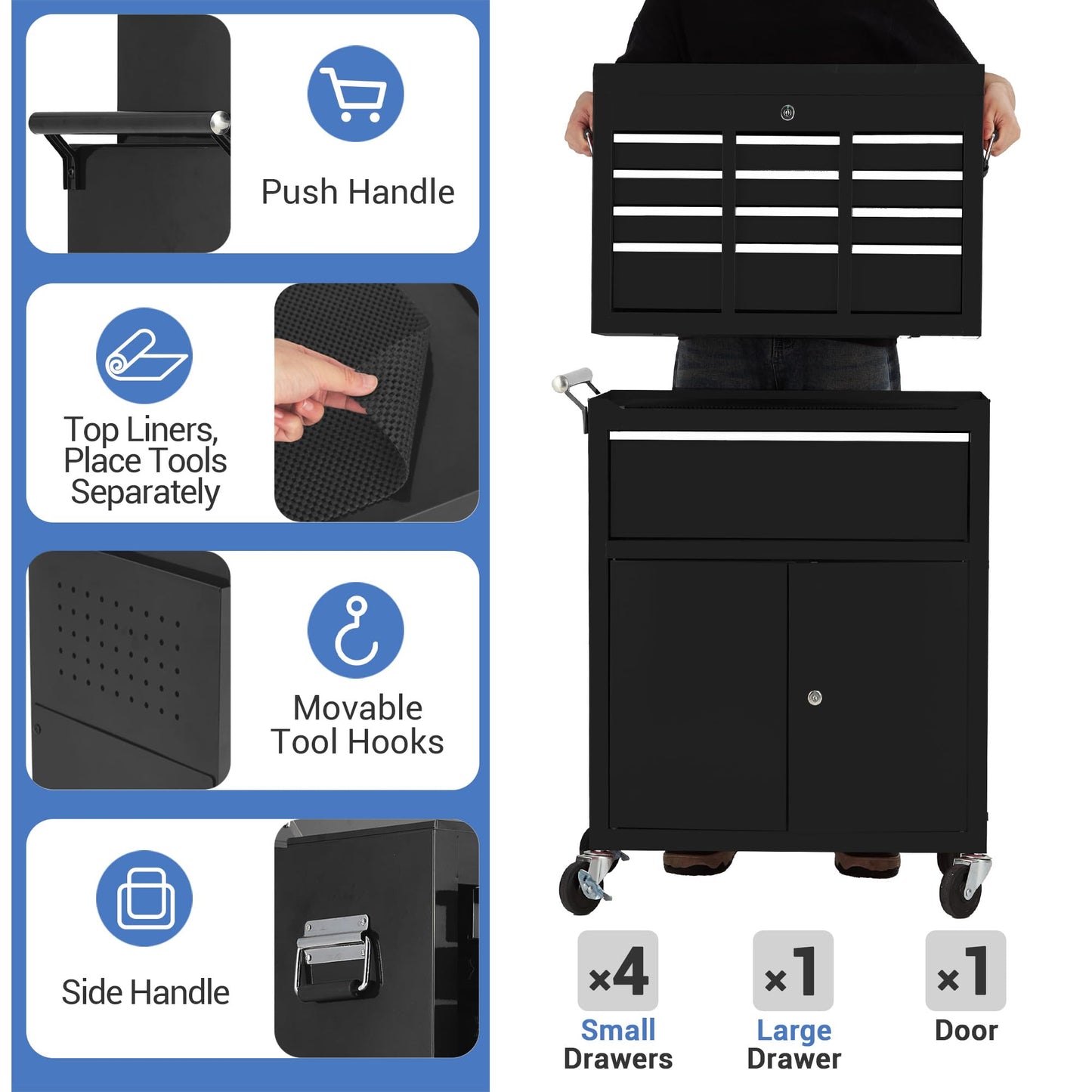 SierraSquad 5-Drawer Rolling Tool Chest, 2-in-1 Detachable Top Tool Box Cabinet, High Capacity Storage, Sliding Drawers, Wheels, Key Lock & Drawer Liners, for Garage Workshop Warehouse