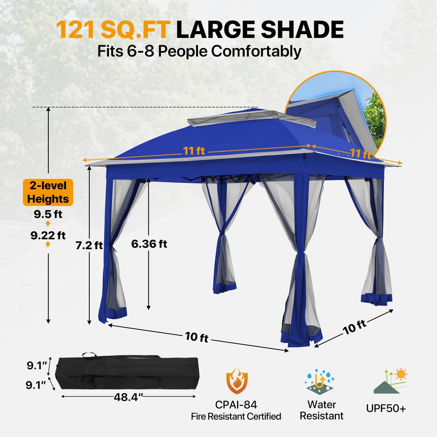 COOS BAY 11x11 Pop Up Gazebo with Mesh Netting, Instant Outdoor Canopy Tent, Water Resistant Shelter with UPF 50+ UV Protection, 121 Sq Ft Coverage, Royal Blue
