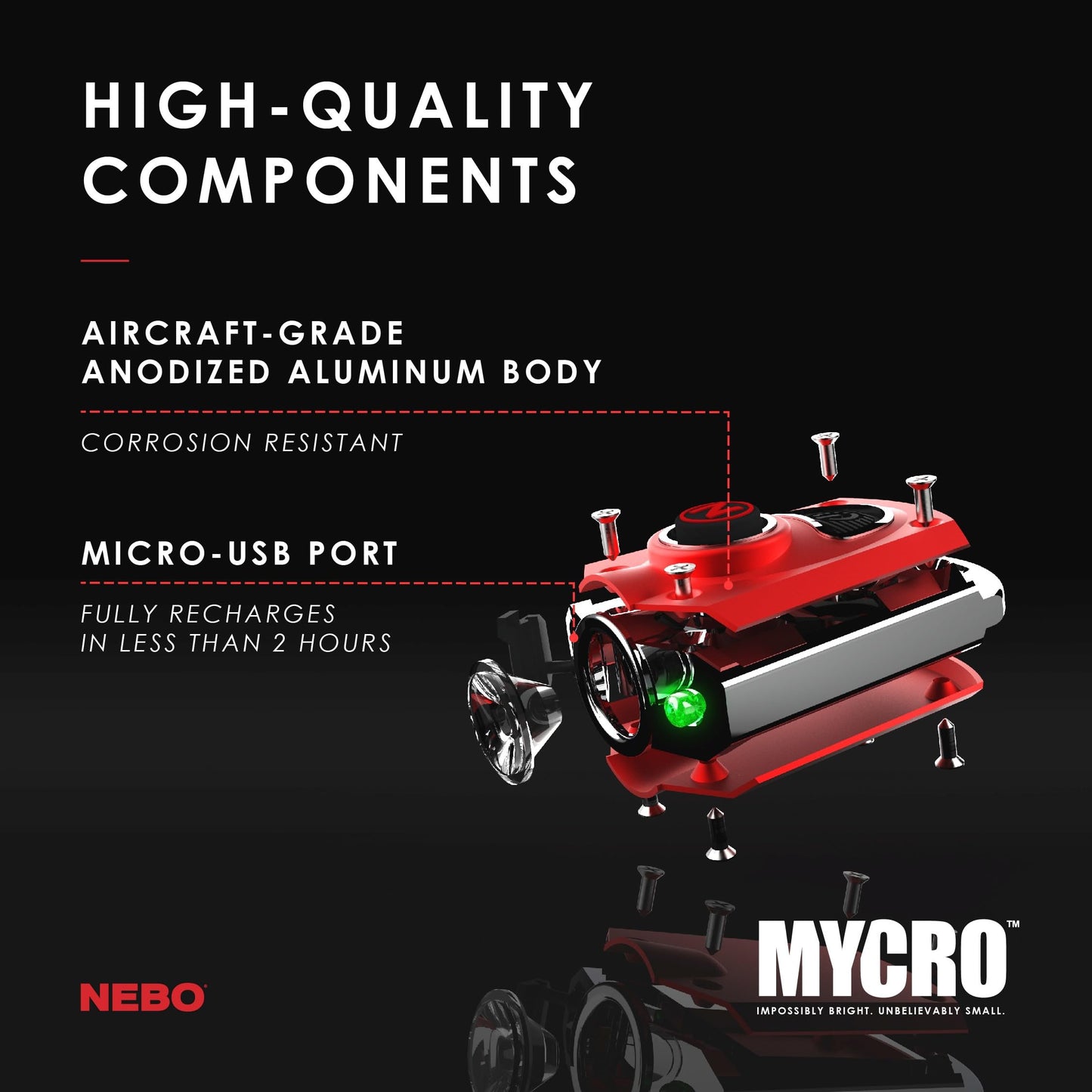NEBO MYCRO USB Rechargeable LED Keychain Light, 6 Light Modes, One-Size, Aluminum, Red, Model NEB-KEY-0004