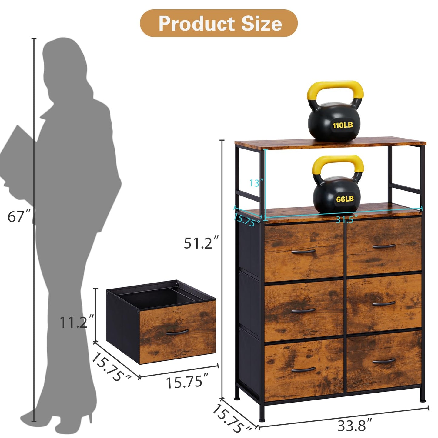 DreamDashio 6 Drawer Fabric File Cabinet with Printer Stand & Dual Shelves, 2-Tier Printer Storage with Letter/A4/Legal File Drawers, Adjustable Hanging Rails, Lockable Casters/Leveling Feet