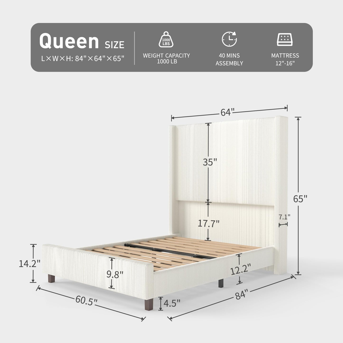 lividido Queen Size 65.2" Tall Upholstered Bed Frame with USB Charging Station,Soft Washable Corduroy Cover with Wingback Headboard, Solid Wood Legs/Noise-Free/No Box Spring Needed/Beige