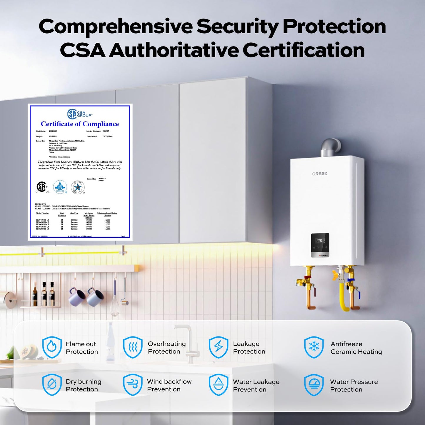 ORBEK Propane Tankless Water Heater 80,000 BTU 3.6 GPM Indoor CSA Certified Low Flow 0.53 GPM On-Demand for Cabins Tiny Homes 1-Bathroom with Remote Control LED Display