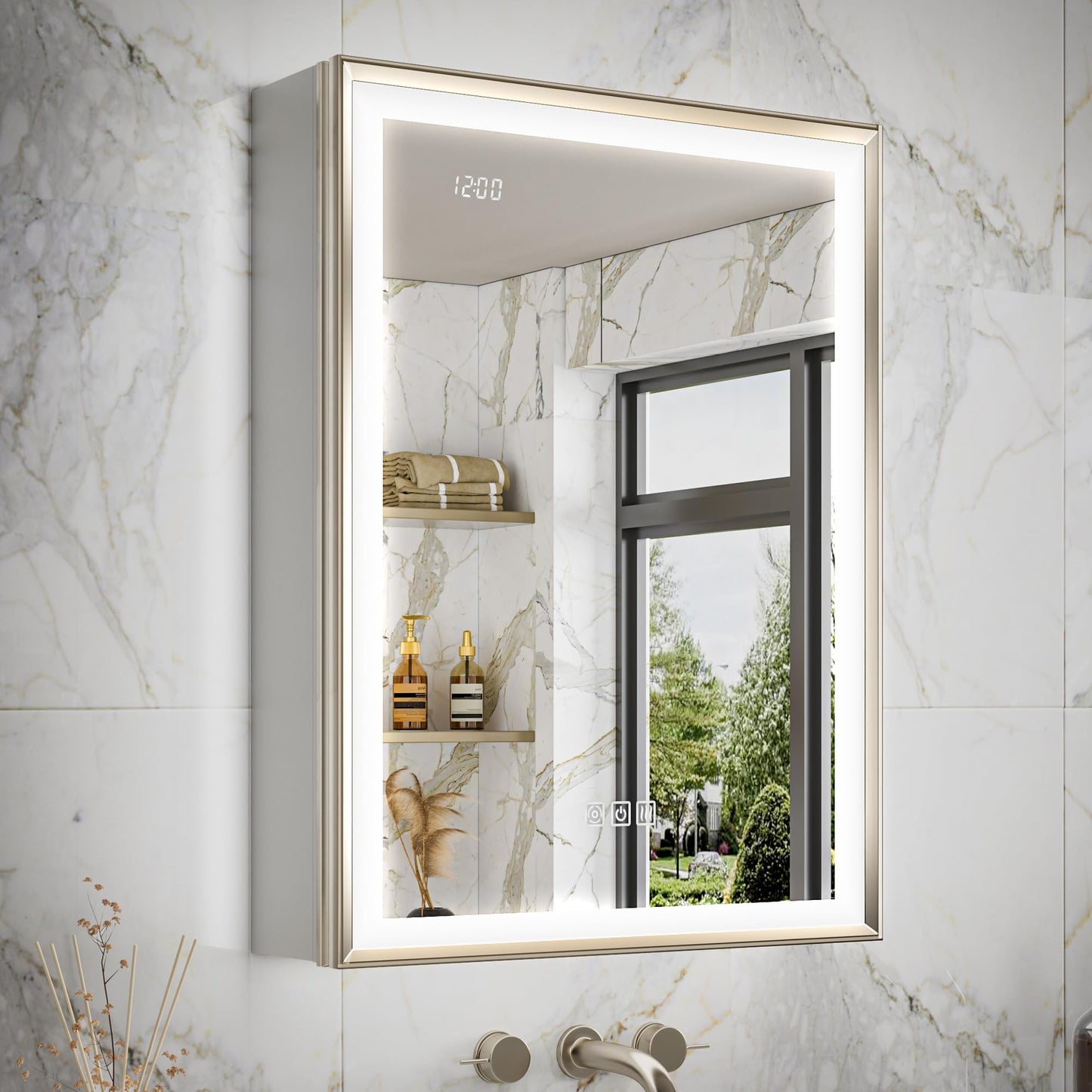 QueenFun Lighted Medicine Cabinet with Mirror, 20x26 Beveled Brushed Nickel Framed Surface or Recessed Fogless Dimmable LED Medicine Cabinet with Outlet, Time Display and Sensor Inner Light