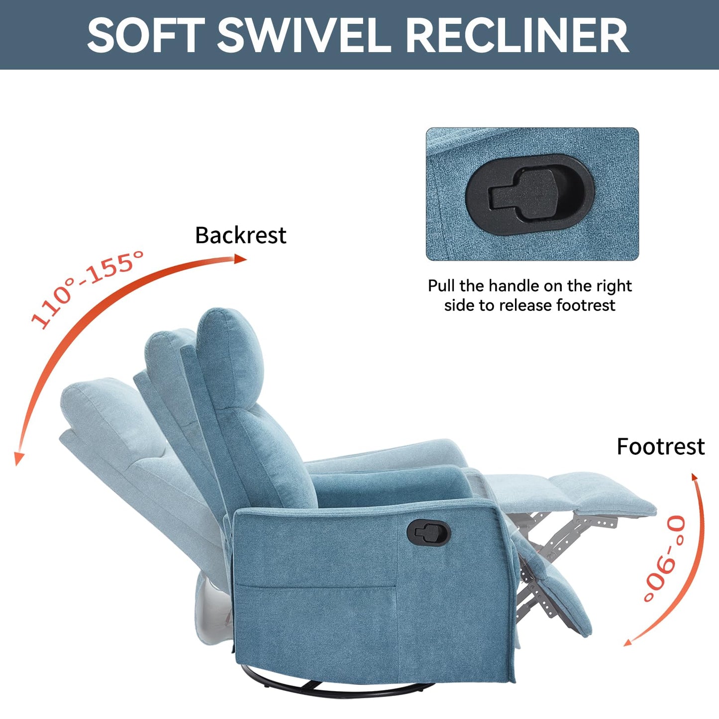 KEIKI 4-in-1 Manual Swivel Rocker Recliner Chair for Home Living Room, Polyester Chair with Back Massager & Heat, Home Theater Seating with Lumbar Support, 155 Perfect Angle Providing a Natural, Blue