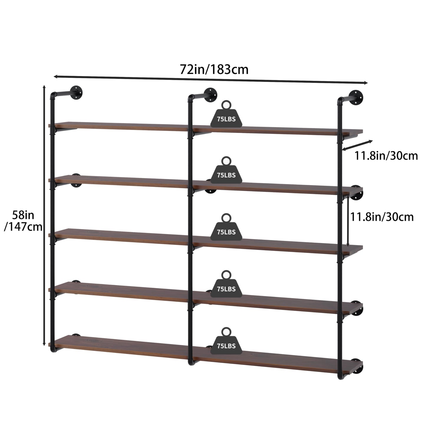 ONOTETUT Industrial Iron Pipe Shelf 5 Tier,72 inch Pipe Shelving with Solid Wood Plank,Open Book Shelves Storage,Floating Wall Mount Bookcases for Living Room,Office,Kitchen