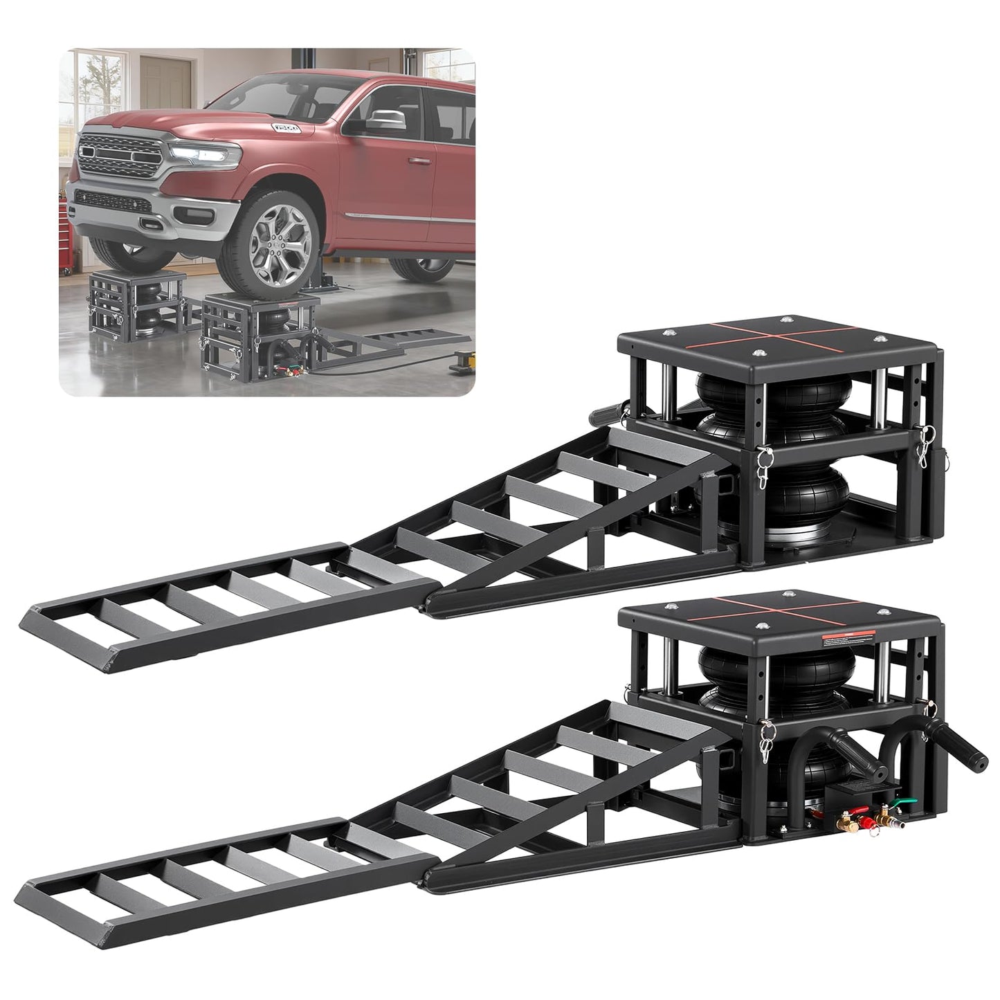 VEVOR Air Hydraulic Jack Car Ramps 2PCS, 11023 lbs/5 Ton Capacity, 12.6 inch Max Height, Pneumatic Ramp Jacks with Airbags, Wheel Chocks, Extension Ramps, Heightened Columns, Heavy-Duty