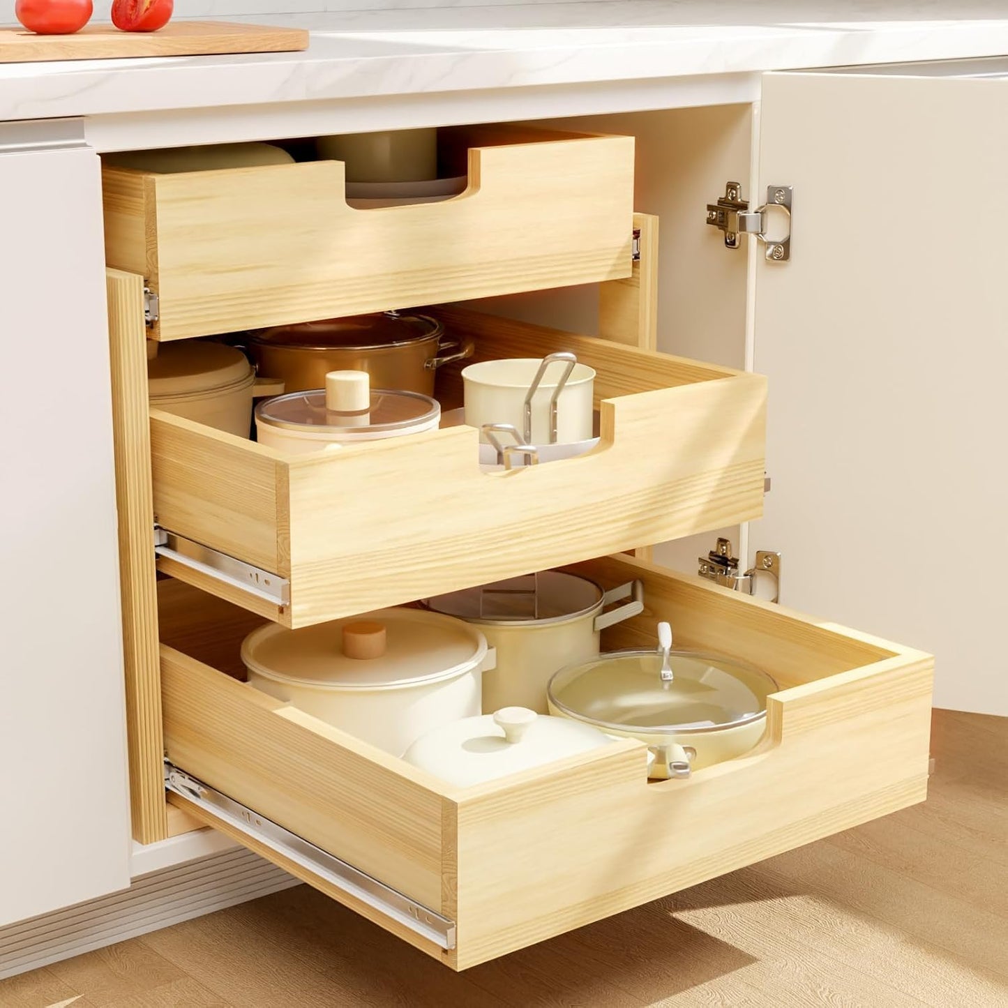 Gsskny Pull Out Cabinet Organizer, 26''W×21''D Sliding Drawers for Cabinets, 3 Tier Soft Close Slide Out Wooden Pull out Drawers, Base Cabinet Organization for Kitchen, Pantry, Bathroom.