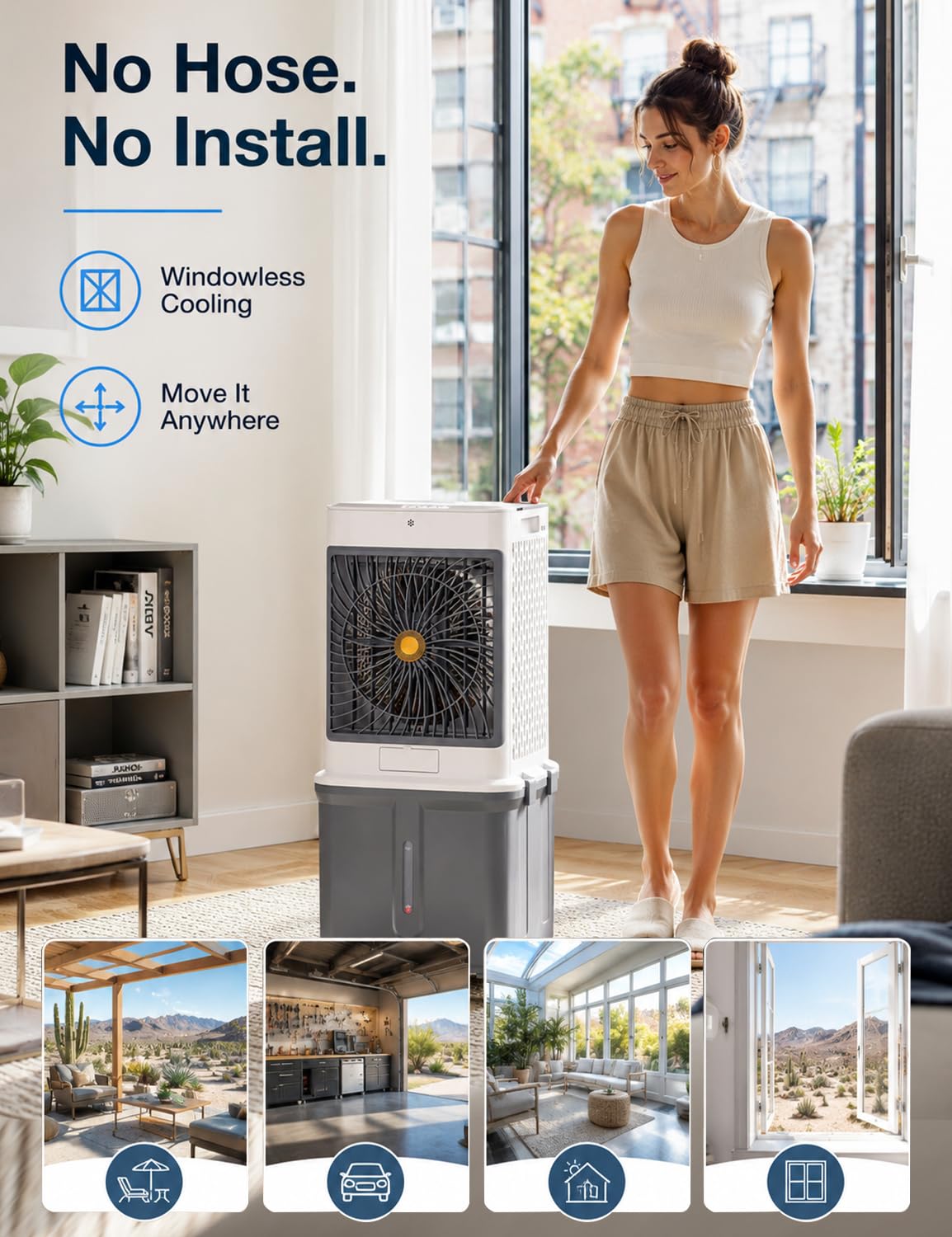 Swamp Cooler, Portable Air Conditioners Evaporative Air Cooler with 10GAL Detachable Tank, Windowless AC Unit Cooling Fan That Blow Cold Air with 120° Swing, 3 Speeds, Timer for Garage Patio Workshop