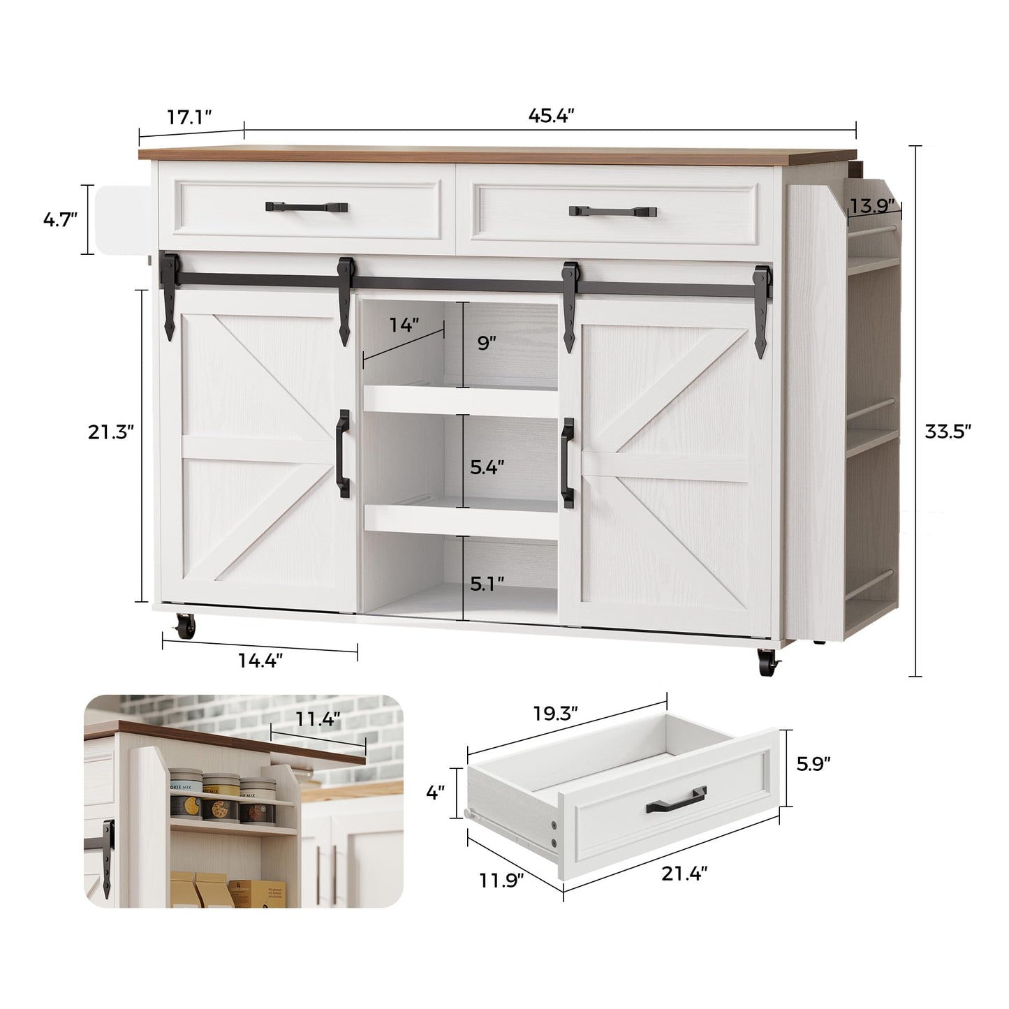 IRONCK Kitchen Island with Storage, Rolling Kitchen Island Cart with Drop Leaf Countertop and Pull-Out Shelf, Barn Doors, for Dining Room, Home Bar, White