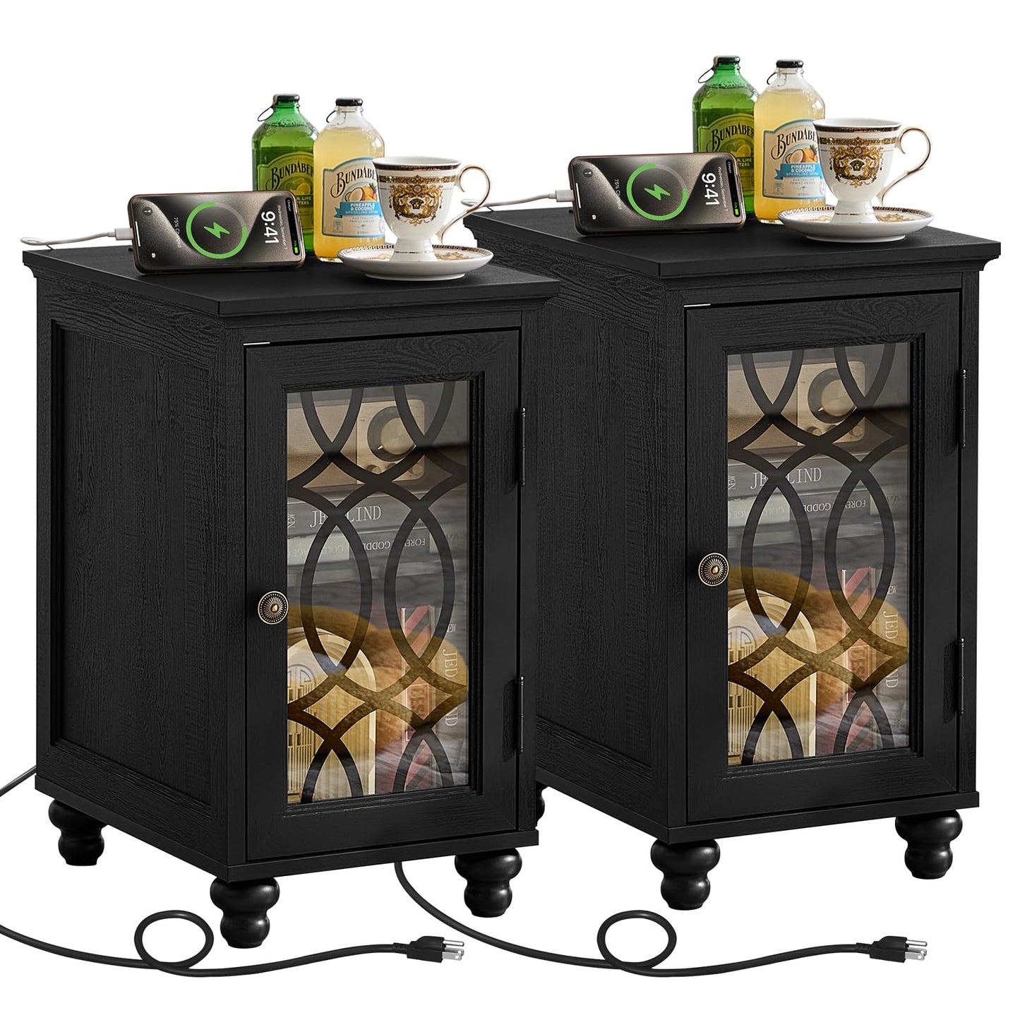 Joaxswe Narrow Side Table with Charging Station Set of 2, Night Stand with Glass Door,Bedside End Tables with Adjustable Shelf Storage Cabinet,Wood Nightstand for Small Spaces Living Room Bedroom