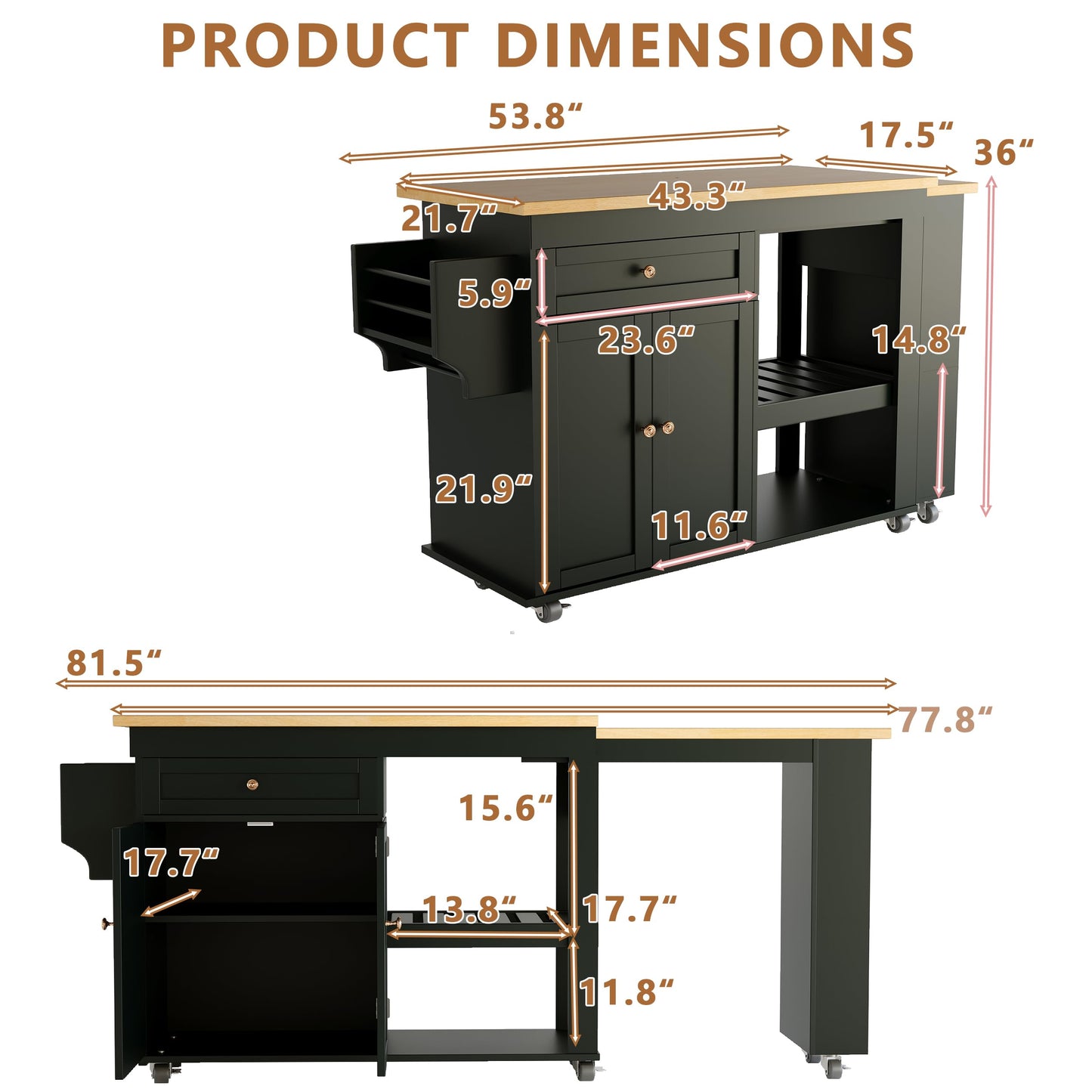 CayugaCrekrd 81.5" Kitchen Island with Extendable Dining Table, Rolling Kitchen Cart on Wheels with Spice Rack, Drawer and Door Cabinet for Dining Room, Black