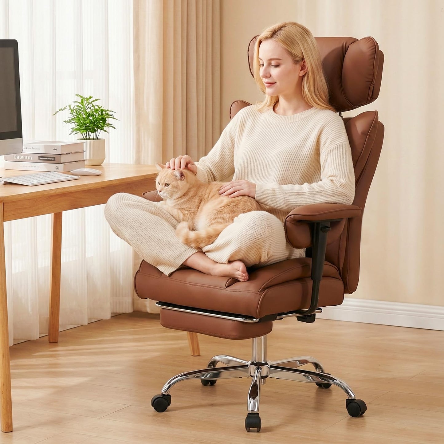 DUMOS Big and Tall Home Office Desk Chair, Gaming Computer Chair, Executive Ergonomic Chair with Footrest, High Back Reclining, Adjustable Armrests and Comfy Lumbar Support, PU Leather, Brown