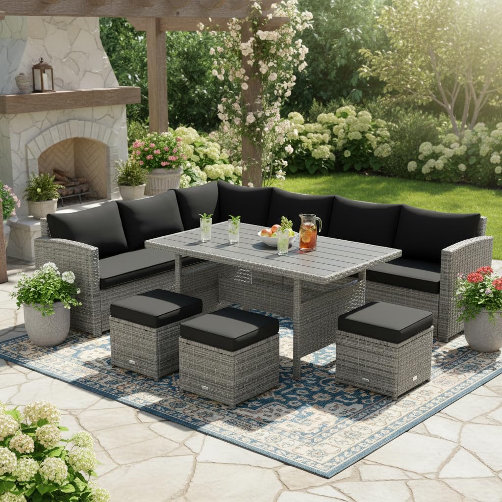 Tangkula 7 Pieces Patio Furniture Set, Outdoor Sectional Rattan Sofa Set with Cushions, All Weather Wicker Conversation Couch Set w/Dining Table & Ottomans for Backyard Garden Poolside, Black