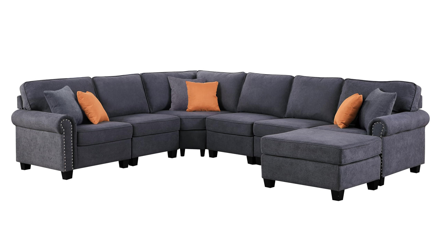 Ball & Cast 116" L-Shaped Sectional Couch with Movable Ottoman & Nailhead Trim Armrest,7 Seat Chenille Upholstered Sofa W/ 6 Throw Pillows,DIY Combination,Comfy Sectionals Set for Living Room,Gray