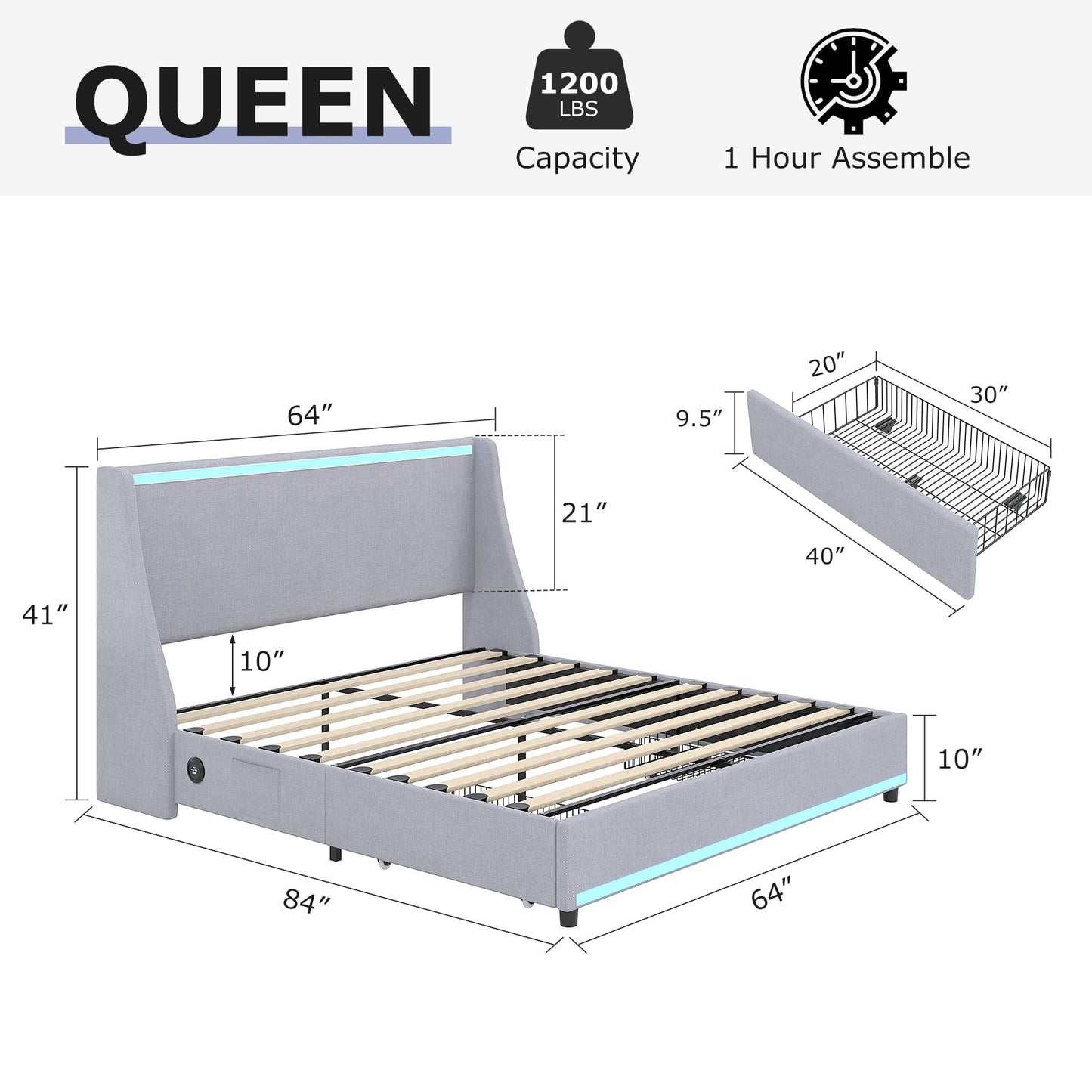 VECELO Queen Size Bed Frame with Storage Drawers, Upholstered Platform Bedframe with Wingback Headboard, No Box Spring Needed, Classic Grey