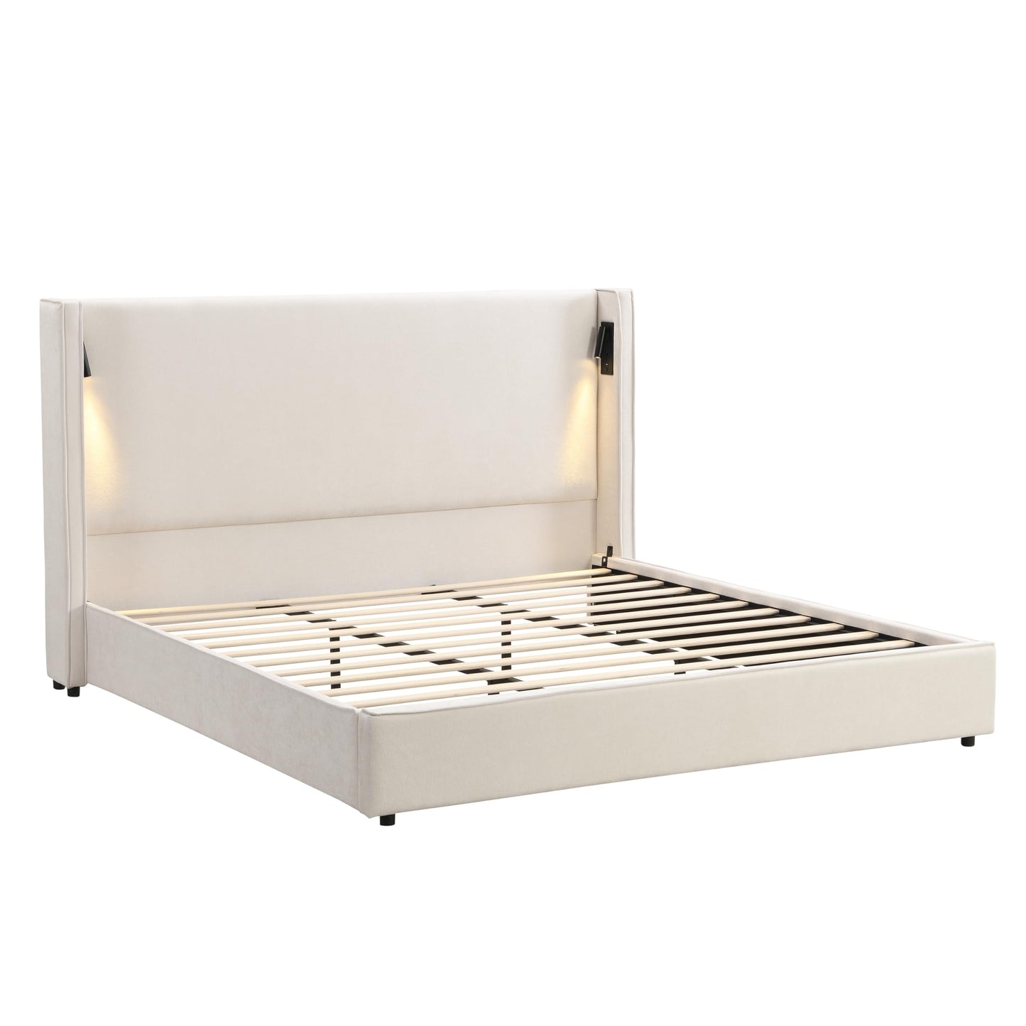 Christopher Knight Home Hazel 49.20" H King Headboard Bed, Upholstered King Size Bed, Slats Panel Support Platform, No Spring Box Needed, Wingback Headboard with Reading Lamps and USB, Beige