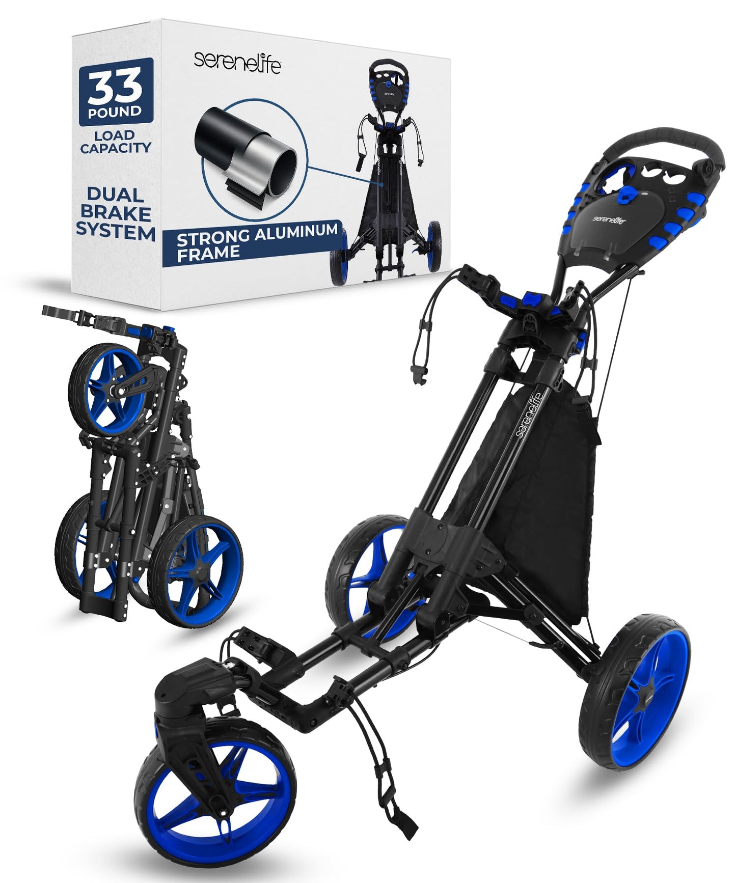 SereneLife Golf Cart Lightweight Foldable Golf Push Cart - Aluminum Folding Trolley with Adjustable Handle, Elastic Bag Straps, Dual Brakes, Scorecard & Cup Holders for Easy Maneuverability