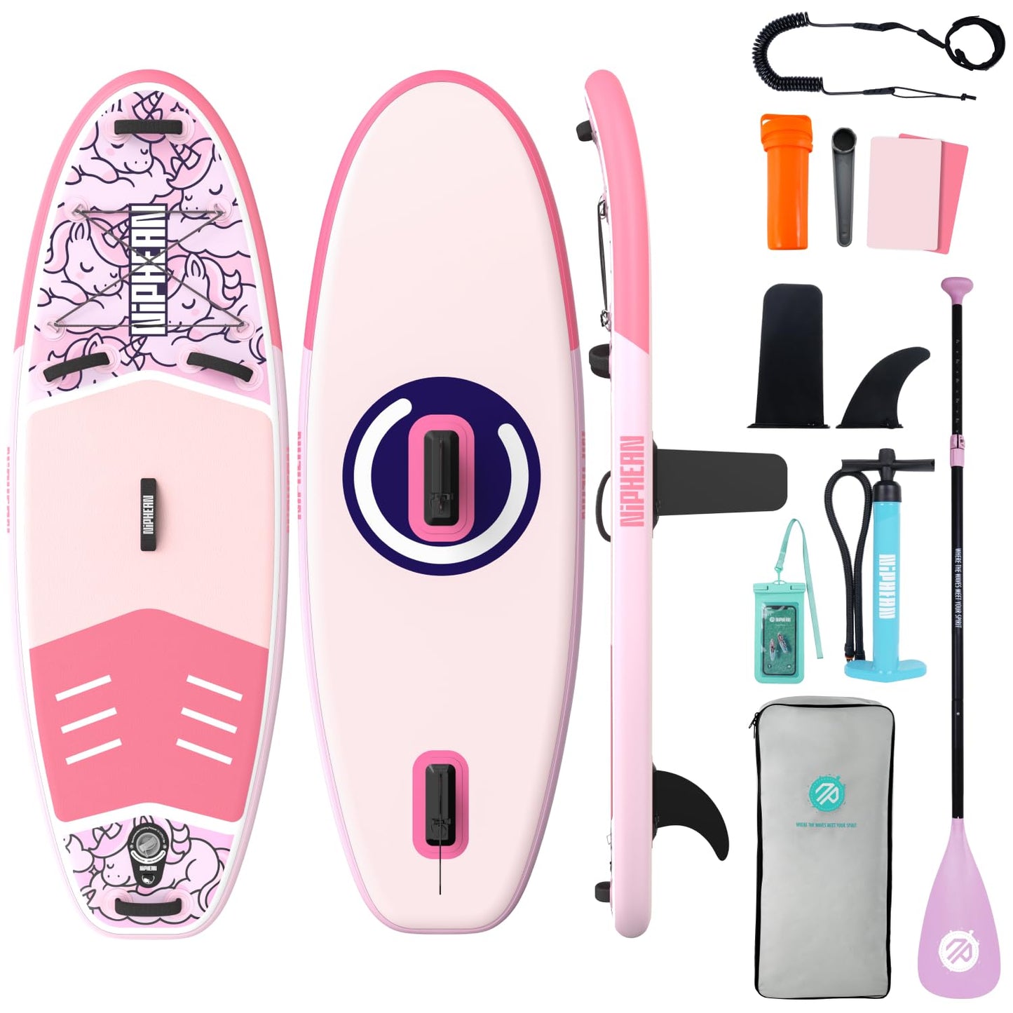 Niphean（Ultra-Light）Inflatable Paddle Board with StabilTrac Fin and Durable SUP Accessories, 10' Stand Up Paddle Boards for Adults & Youth, Versatile Yoga Paddle Board, Gift Ideas-Blush Unicorn - Kids