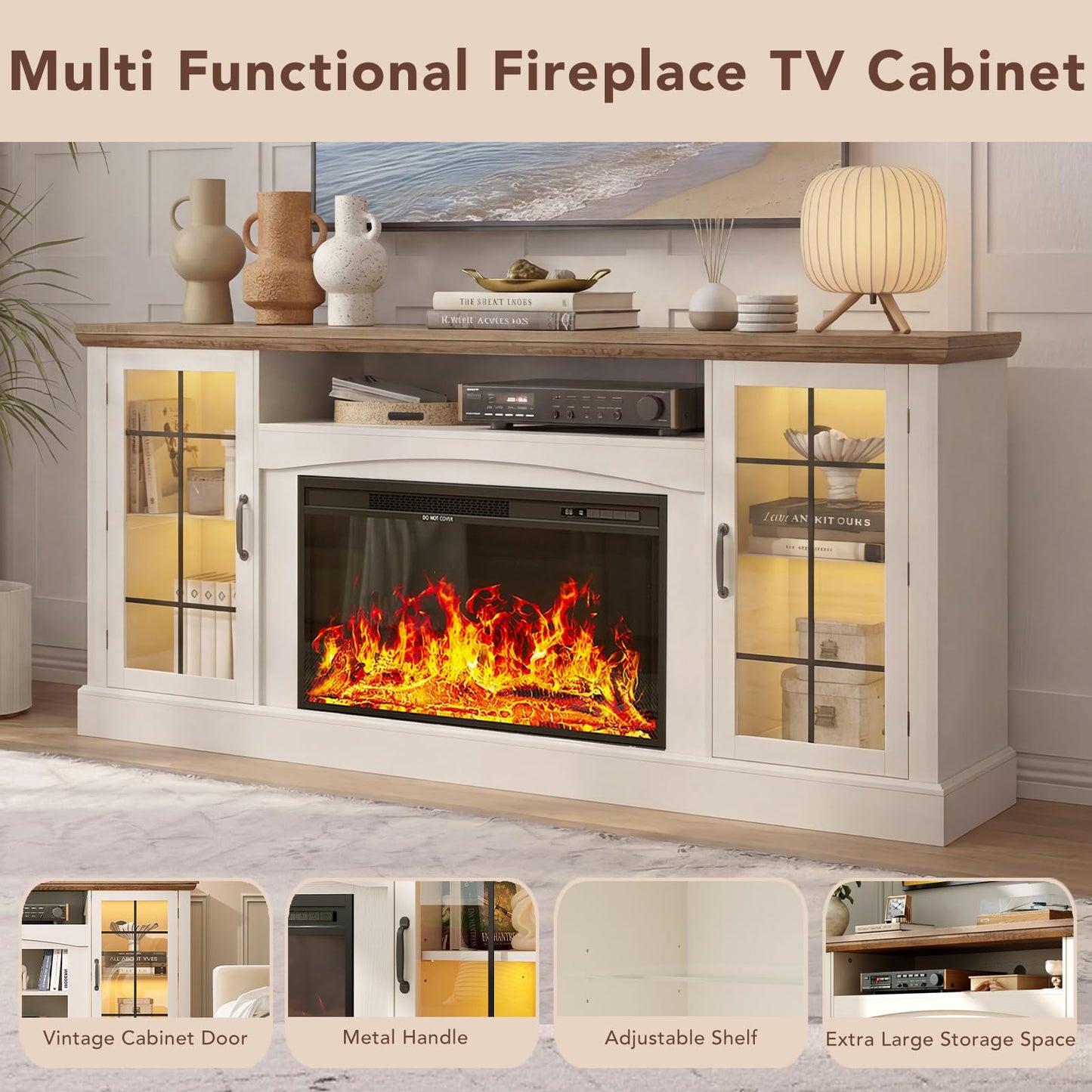 MXV 70" Farmhouse Fireplace TV Stand with 30" Electric Fireplace, Entertainment Center, Media Console Table with Large Storage Cabinets, for Living Room, White
