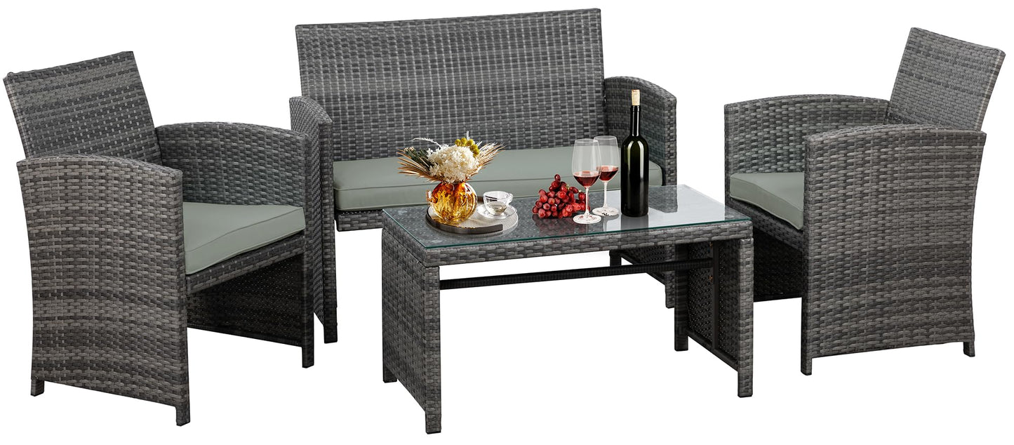 JAMFLY 4 Piece Outdoor Patio Furniture Set, Outdoor Wicker Rattan Chairs Conversation Sets with Cushions & Coffee Table for Outside, Garden, Balcony, Porch, Grey