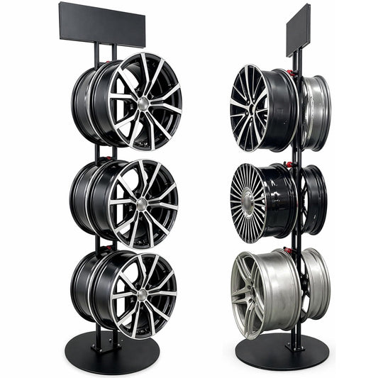 Black Metal Wheel Hanger Rack Heavy Duty Rim Display Stand Single Or Double Sided Holder with Anti Scratch Plastic Coated Hooks Thickened Iron Base for Tire Store Auto(Circular Base,6 Hooks)