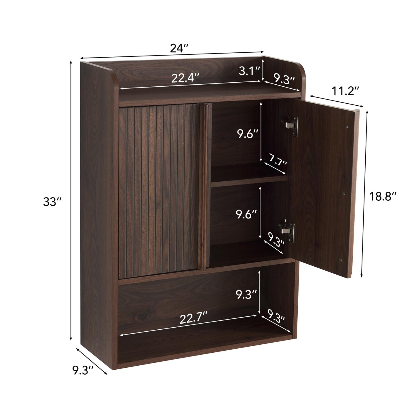 VANIRROR Fluted Wall Cabinet 33" H, Mid-Century Modern Dark Wood Bathroom Cabinet Over Toilet, Medicine Cabinet Storage with Doors & Open Shelf for Kitchen, Laundry Room and Entryway