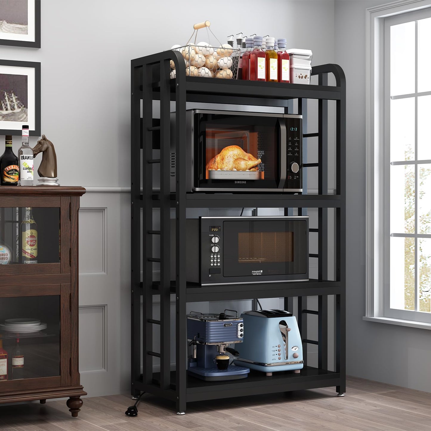 Bakers Rack with Power Outlet ，Microwave Stand 4-Tier Kitchen Baker's Rack, Free Standing Baker's Rack Kitchen Stands with Storage Suitable for Kitchen, Living Room, Dinning Room，Coffee Bar (Black)