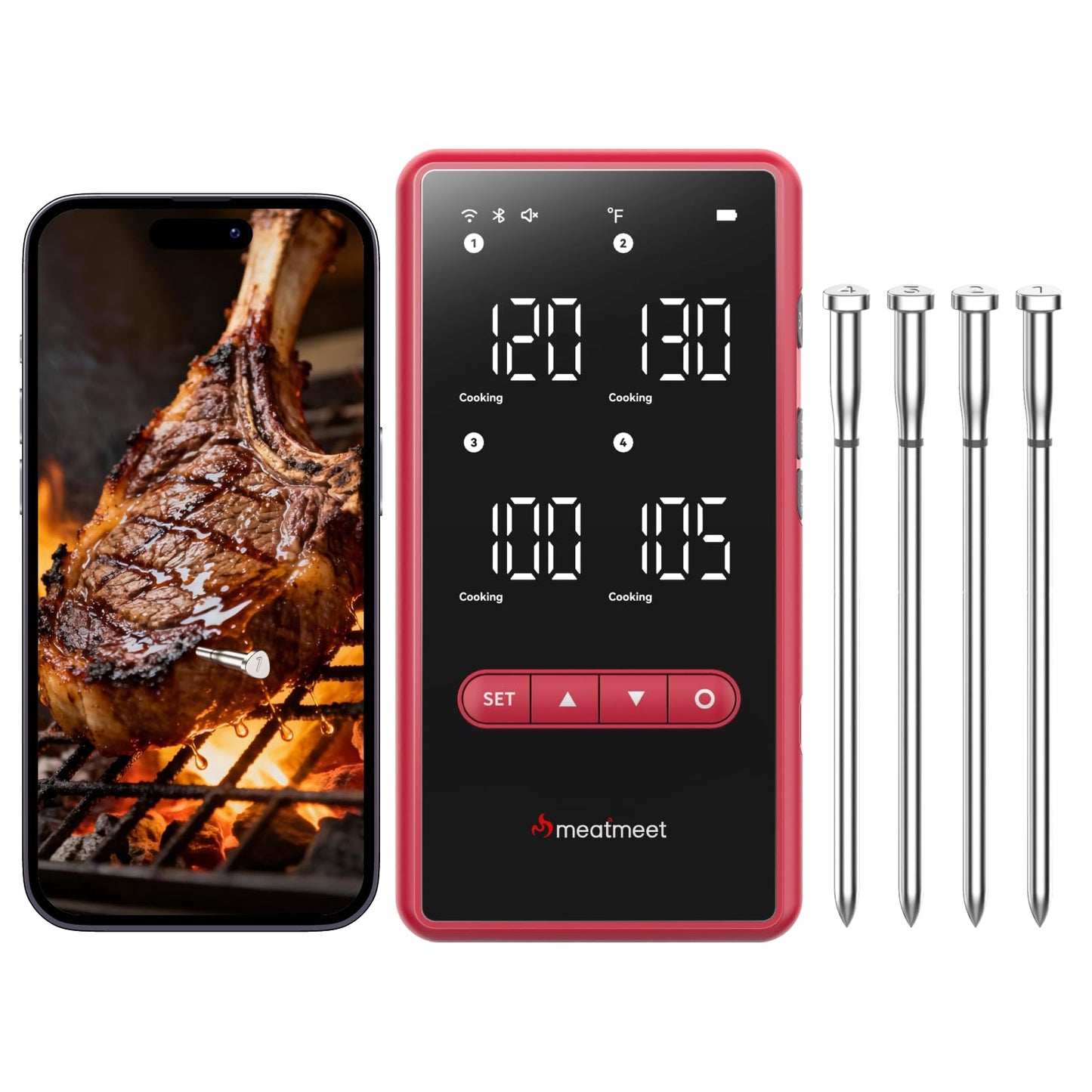 Meatmeet Wireless Bluetooth Meat Thermometer Digital, Standalone Base, WiFi Unlimited Range, AI guided cooking, 6 Sensors with ± 0.18°F Accuracy, 4 Probes for Kitchen, BBQ, Grill, Oven, Smoker (Z Pro)