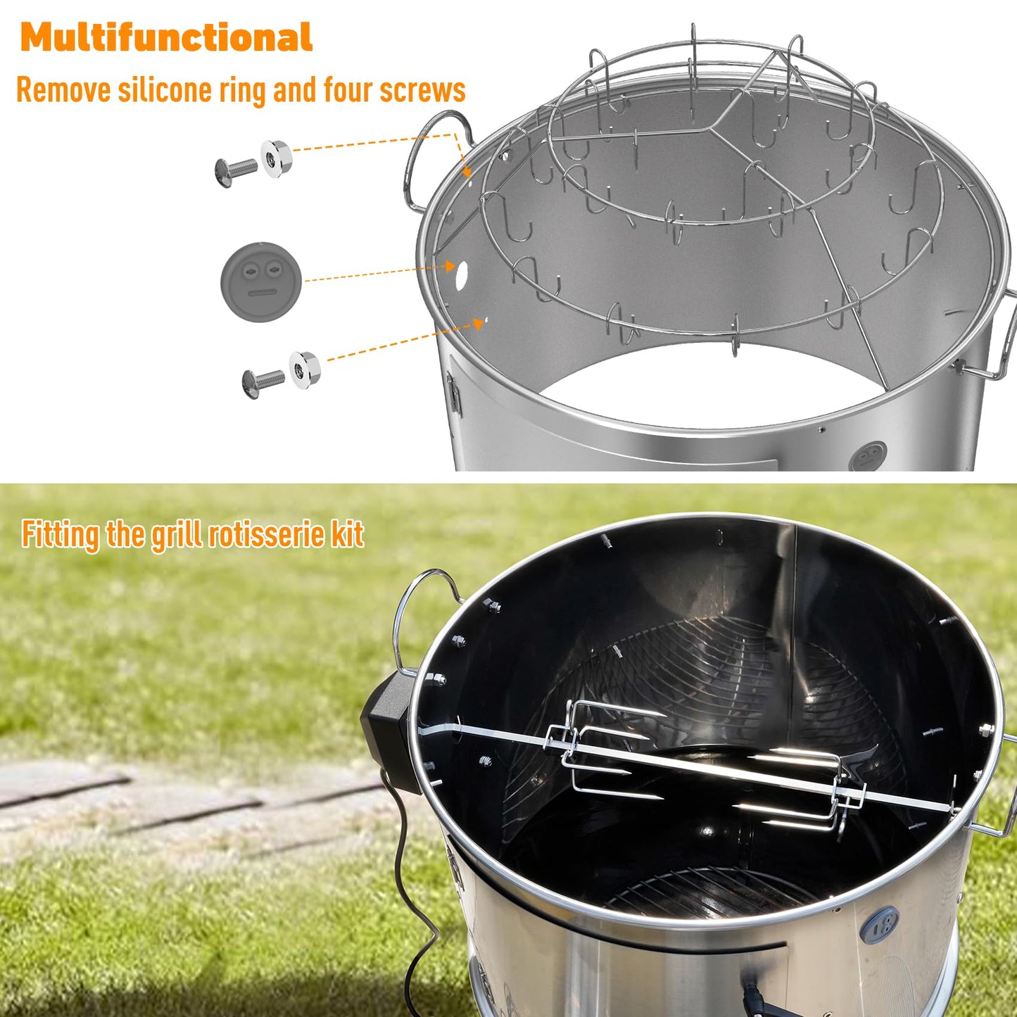 only fire Stainless Steel Grill Cooking Smoking Attachment, Charcoal, Rib Hanging System for Weber 22 inch Kettle Grills - Turns Your Kettle into Smoker
